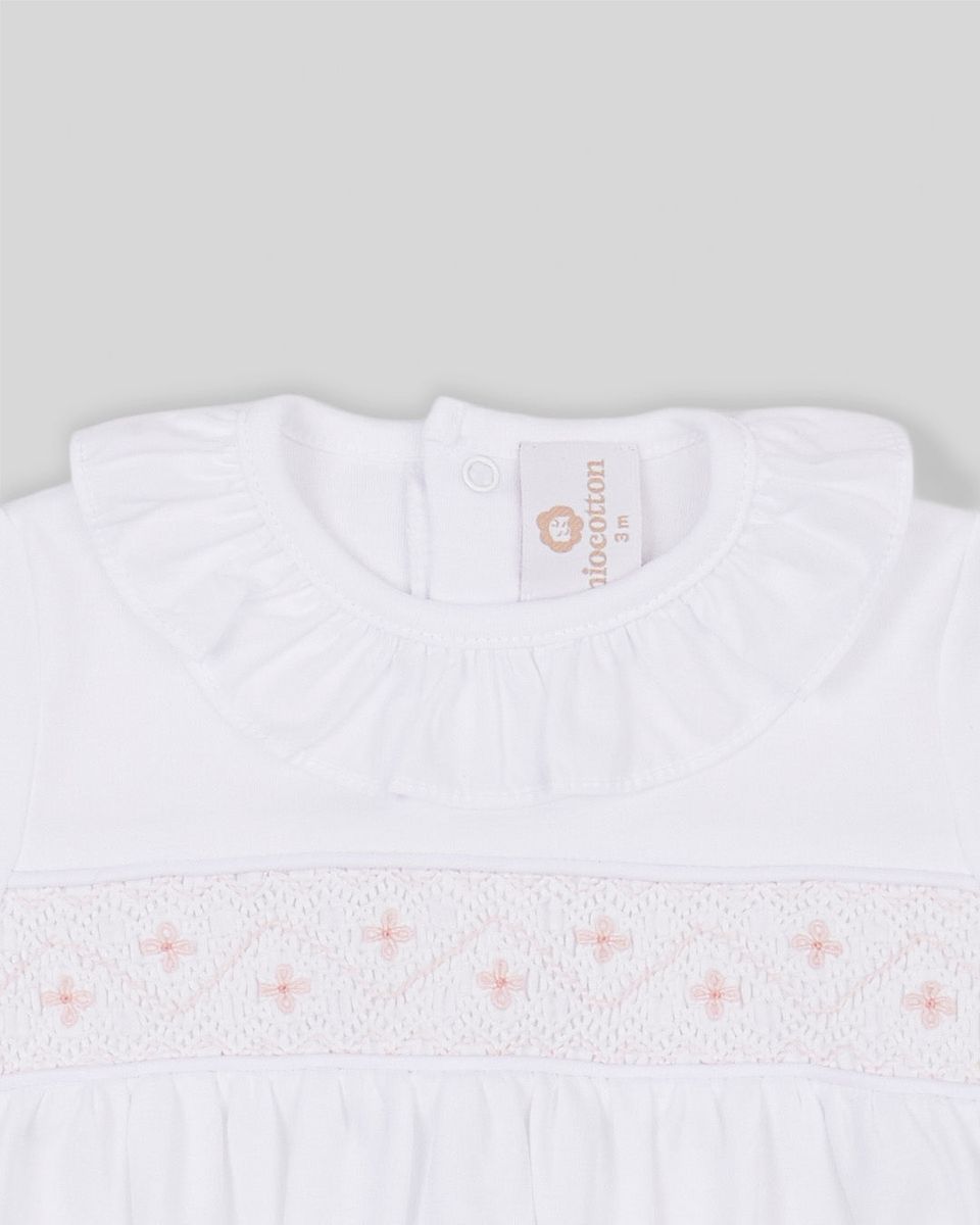 Alma Baby Girl Pima Cotton Hand Smocked Footie- White/Pink
