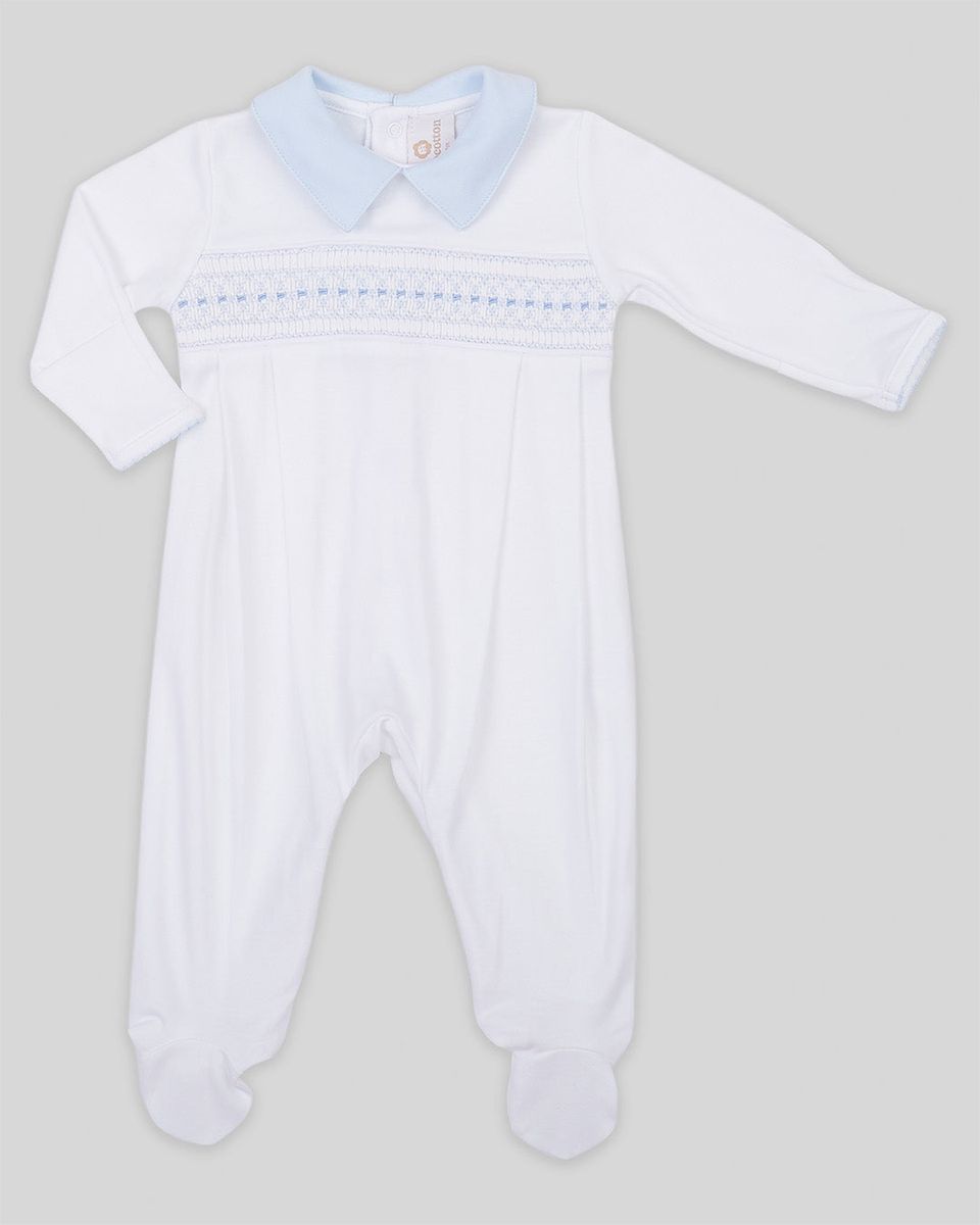 Renzi Baby Boy Pima Cotton Hand Smocked Footie- White/Blue