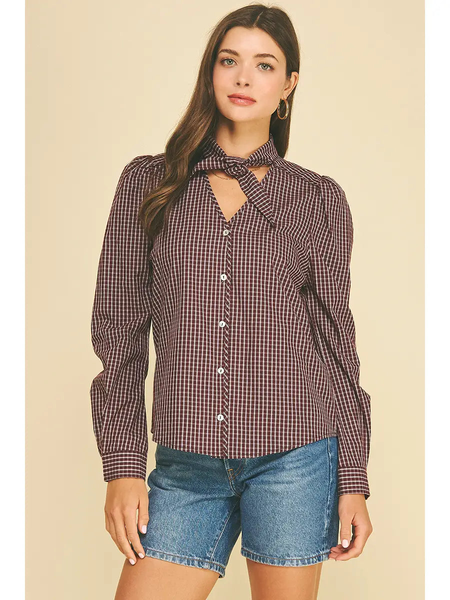 Laney Brown Gingham Tie Neck Top