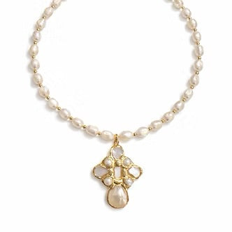 Pearl and Pearl Cross Necklace