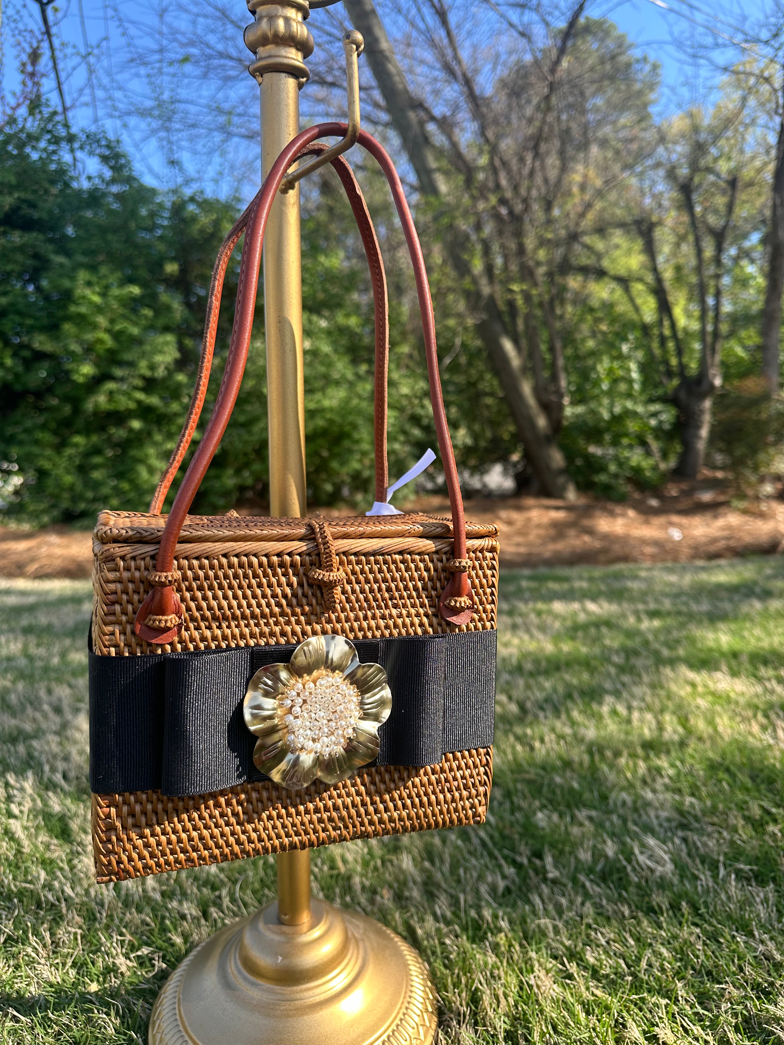 Emory Bag - Black Flat Bow - Poppy with Pearl