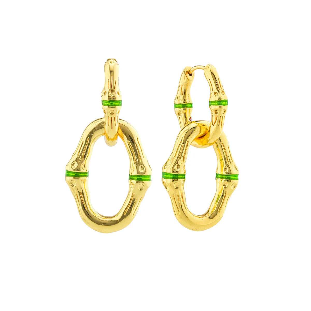 Bangkok Bamboo Link Earrings - Gold/Green Enamel
