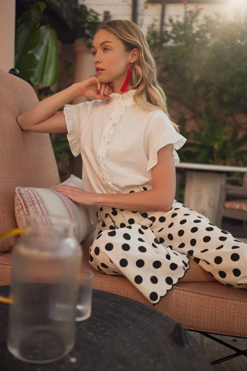 Haley White Ruffle Button Up Top