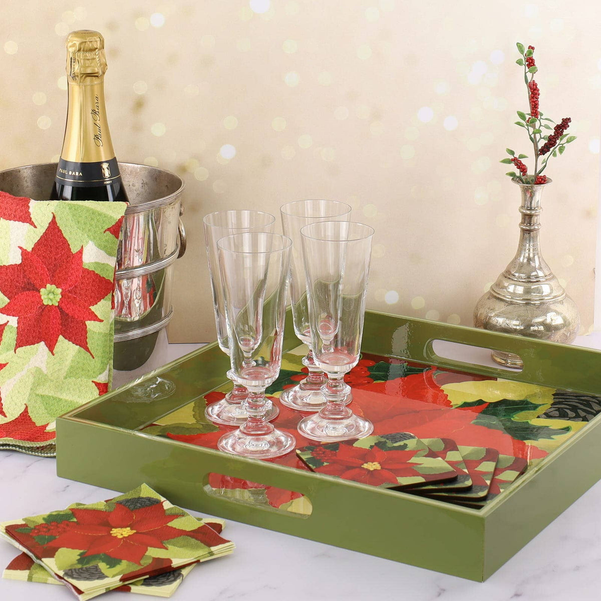 Poinsettia Square Lacquer Serving Tray