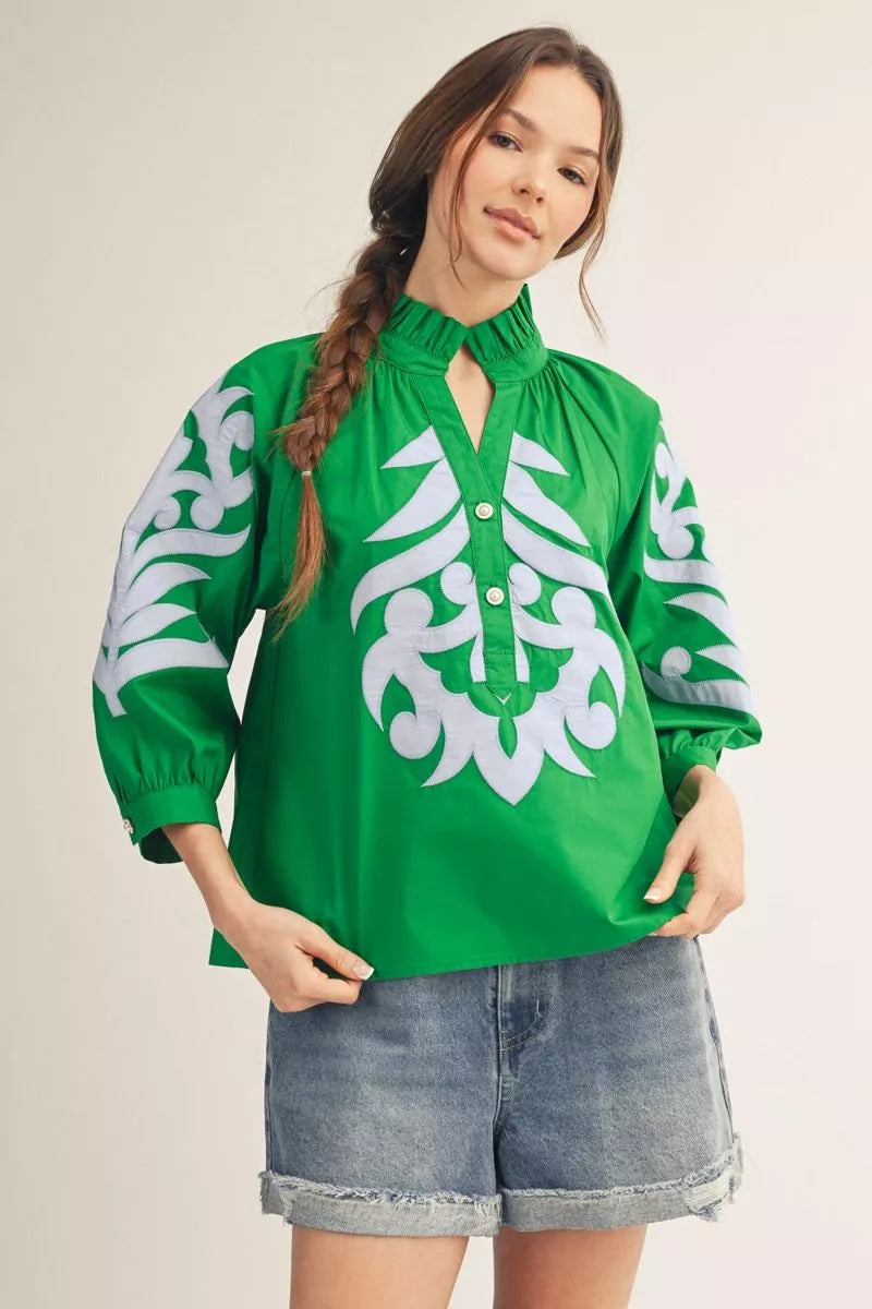 Marissa Kelly Green/Blue Floral Embroidered Top