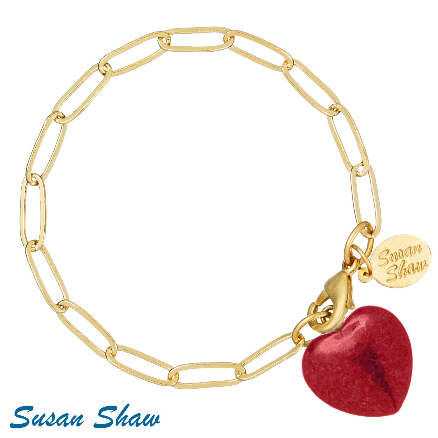 Susan Shaw | Audrey Gold Paperclip Chain Bracelet with Red Heart