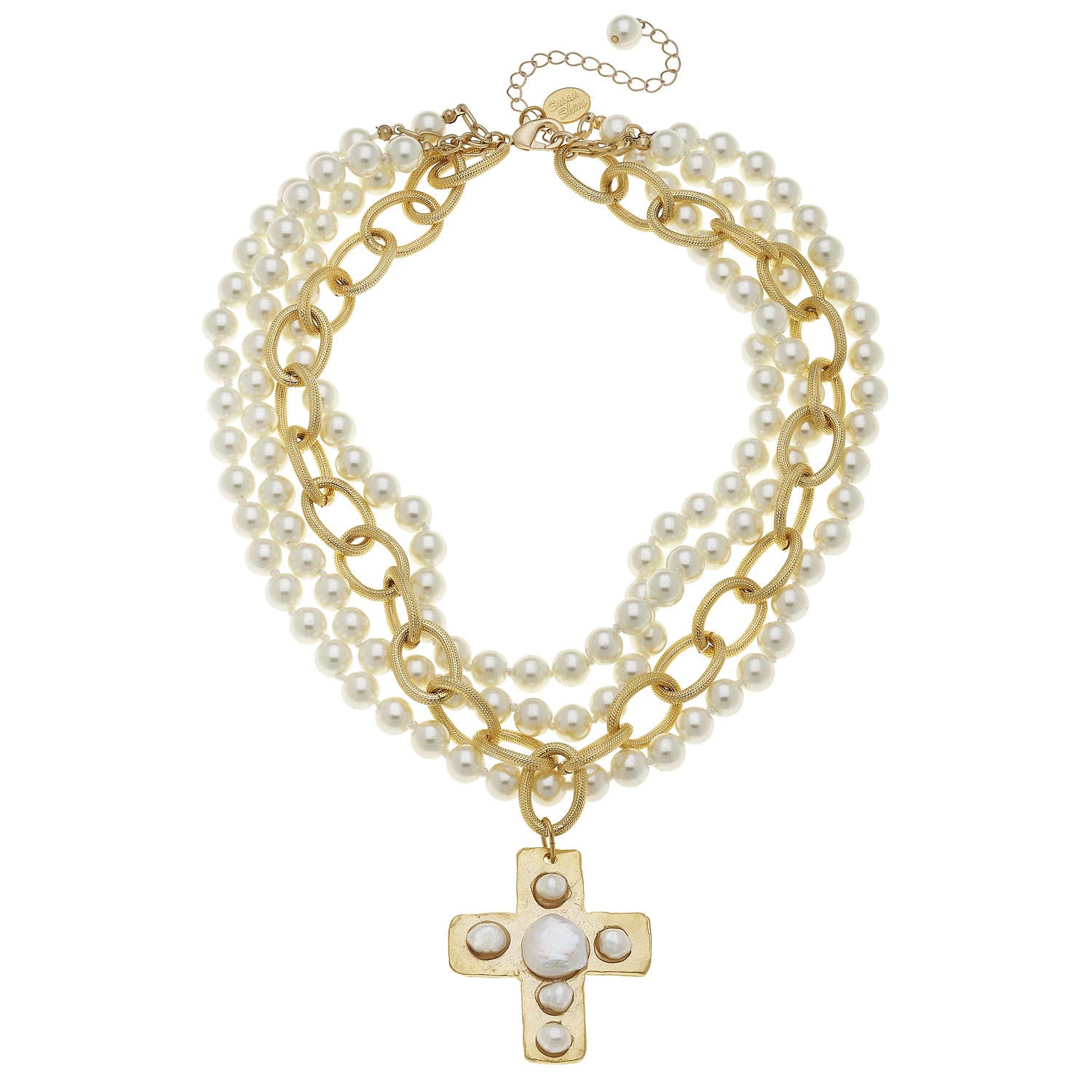 Multi Strand Gold Cross Pearl Necklace