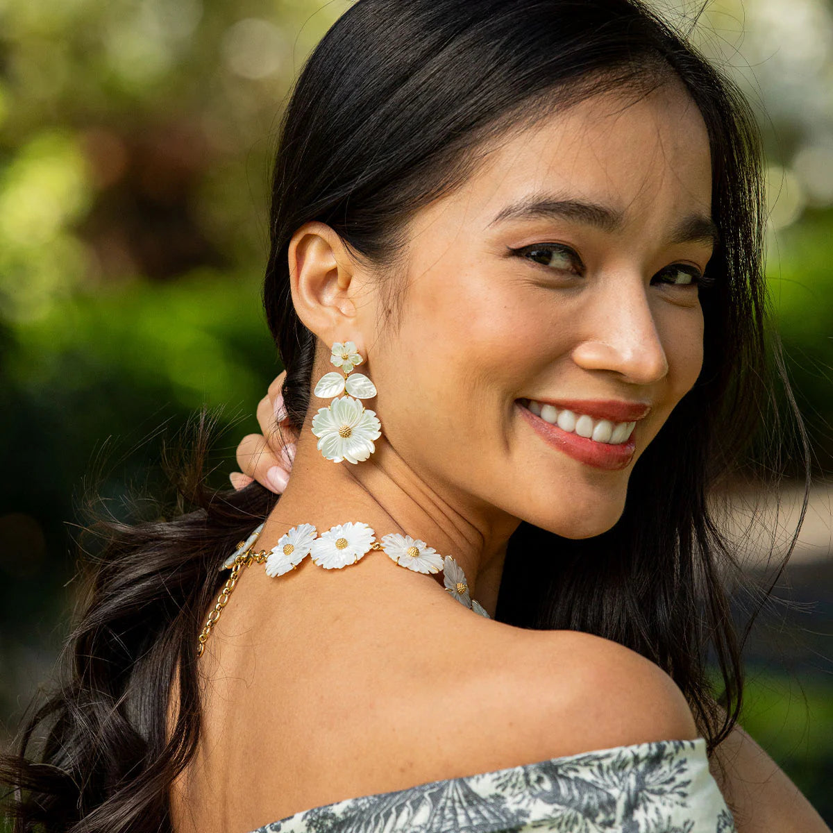 Mermaid Garden Convertible Floral Post Drop Earrings - MOP