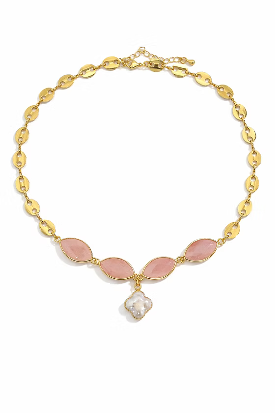 Clover Pearl Pink Rose Quartz Necklace