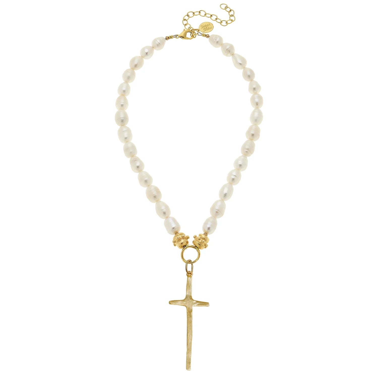 Susan Shaw | Tall Gold Cross on Toggle Pearl Necklace