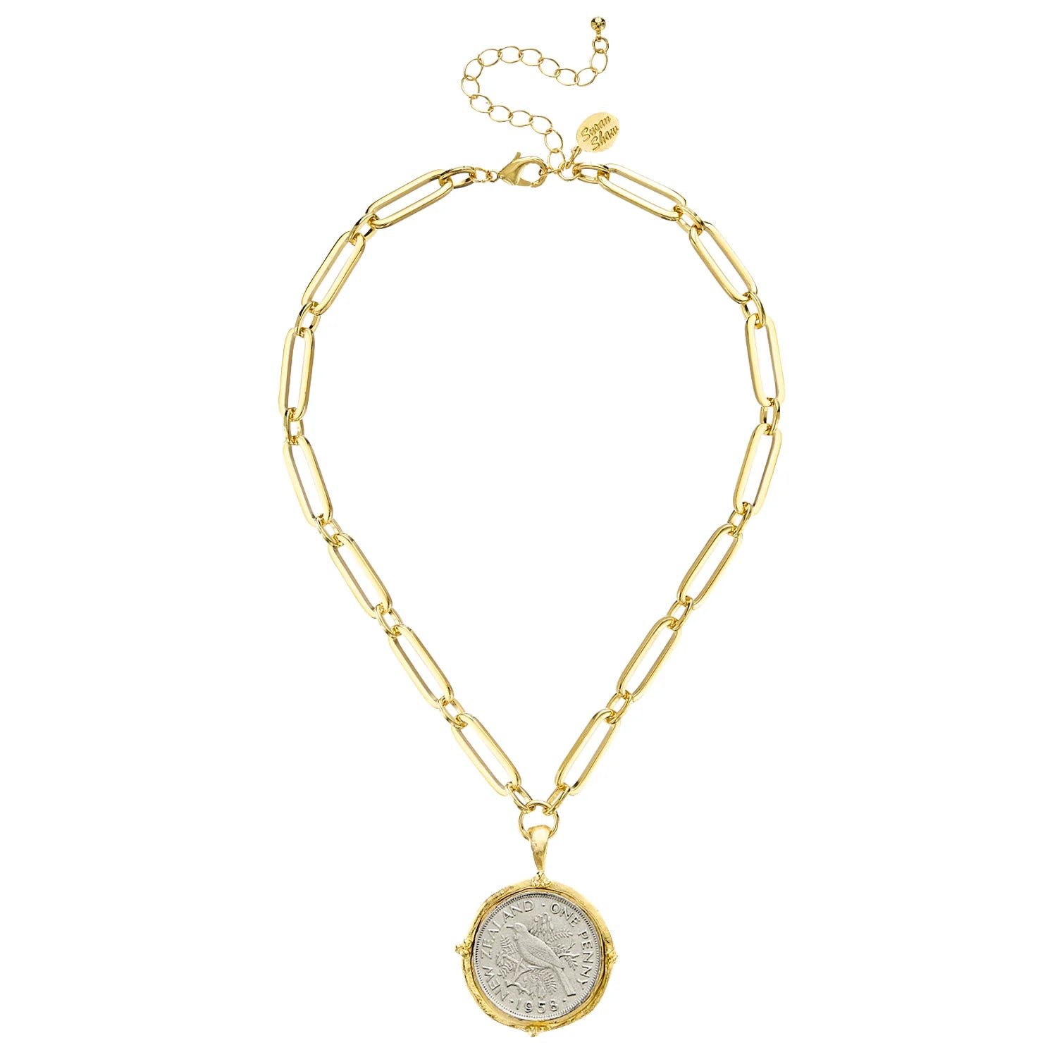 Susan Shaw | New Zealand Gold Mixed Link Paperclip Necklace w/ Large Gold & Silver Dove Coin