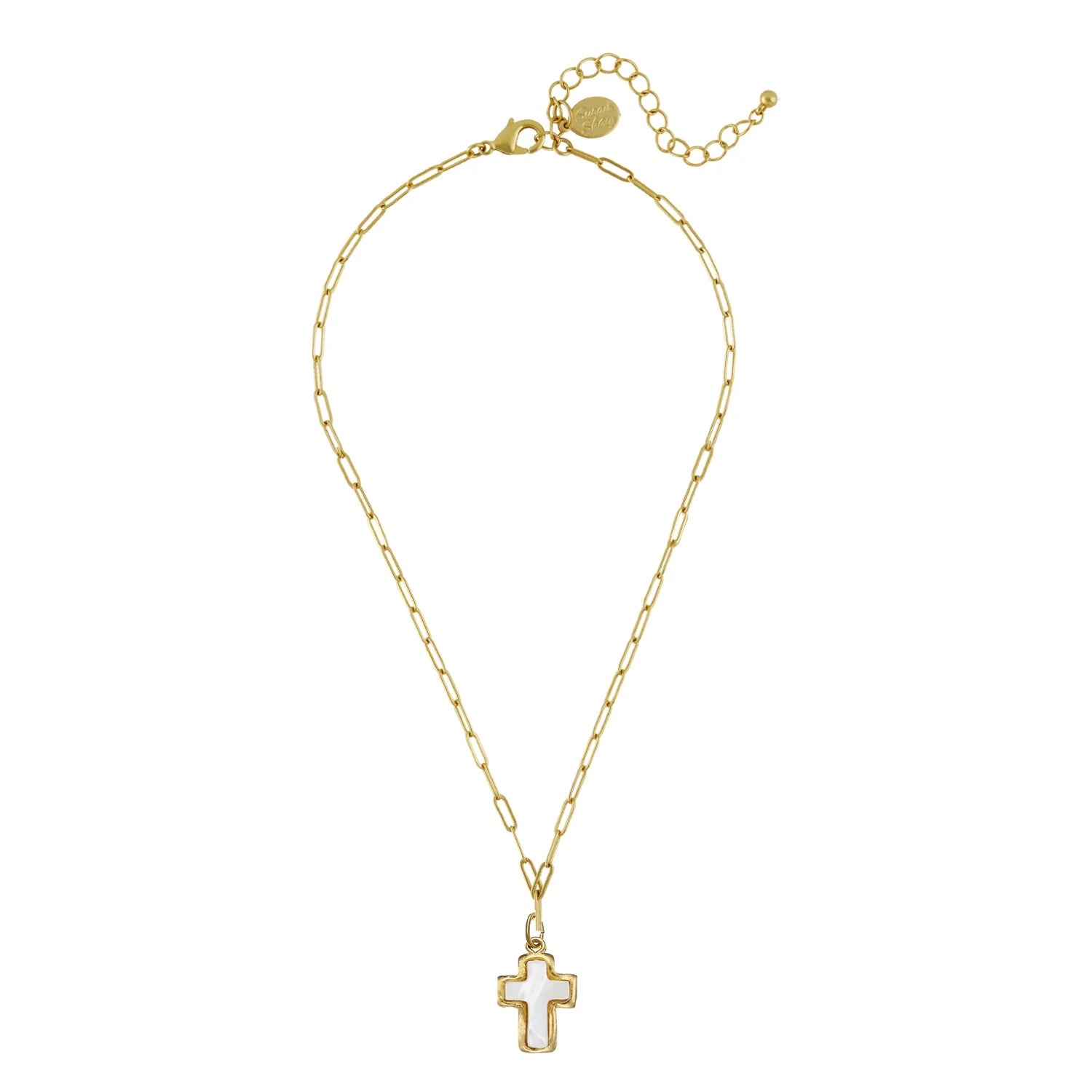 Mother of Pearl Cross Paperclip Necklace