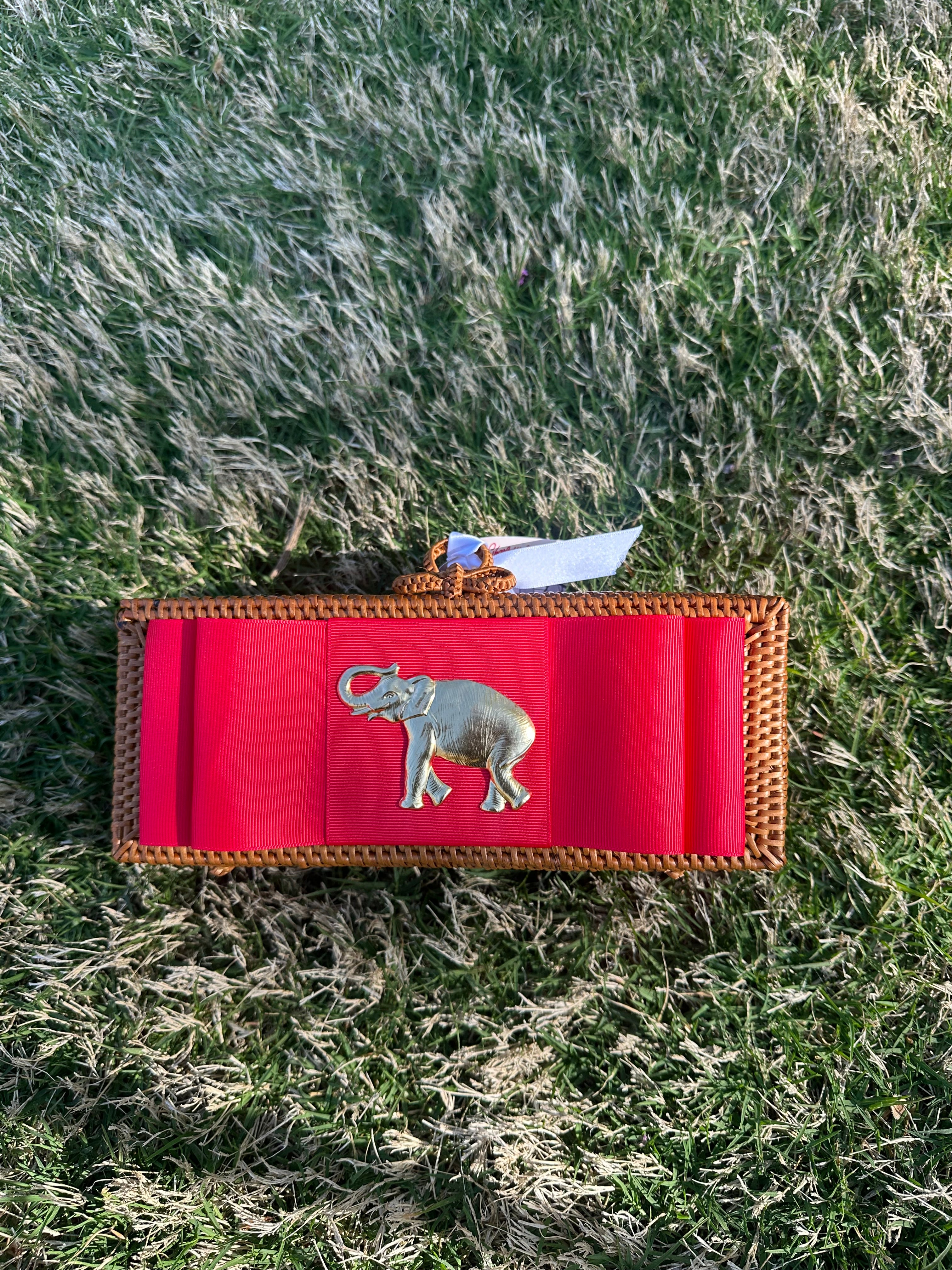 Colette Clutch - Red Flat Bow with Gold Elephant