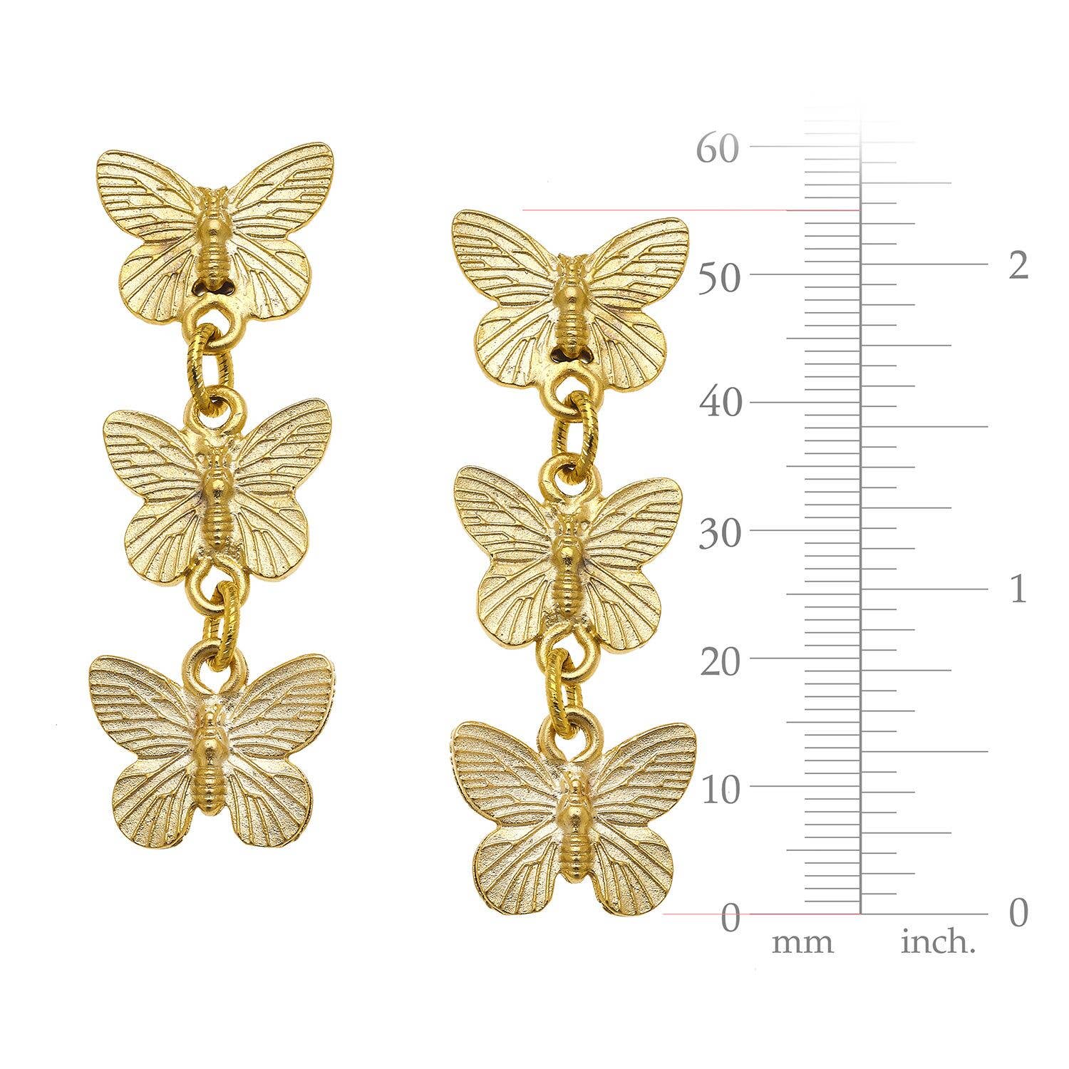 Gold Post Earrings with 3 Butterfly Drop