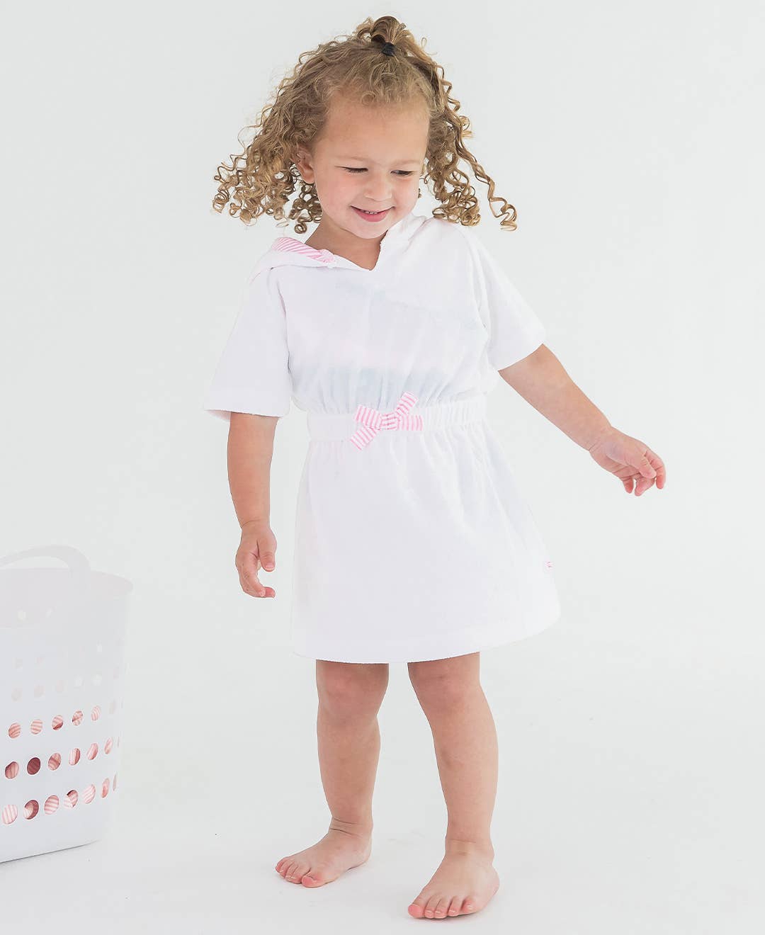 Girls White w/ Pink Seersucker Terry Swim Cover-Up