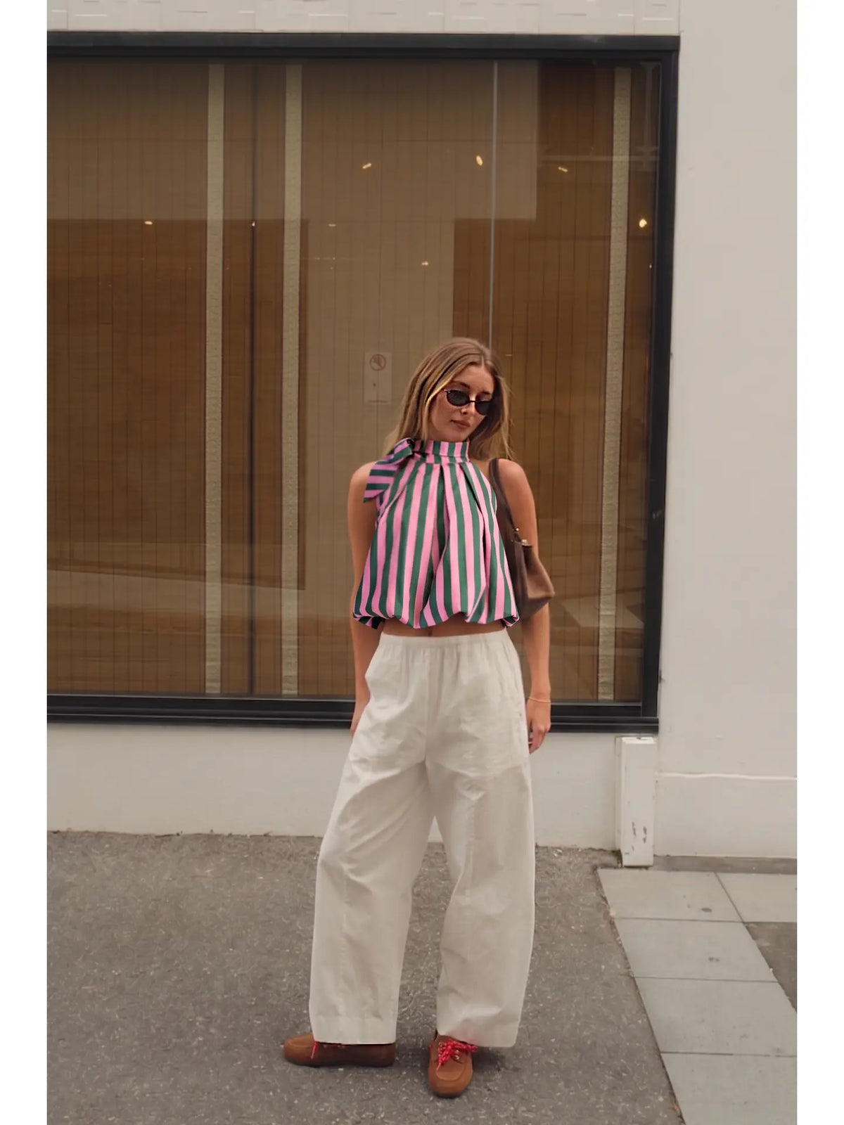 Lucy High Neck Tie Wrap Stripe Balloon Top