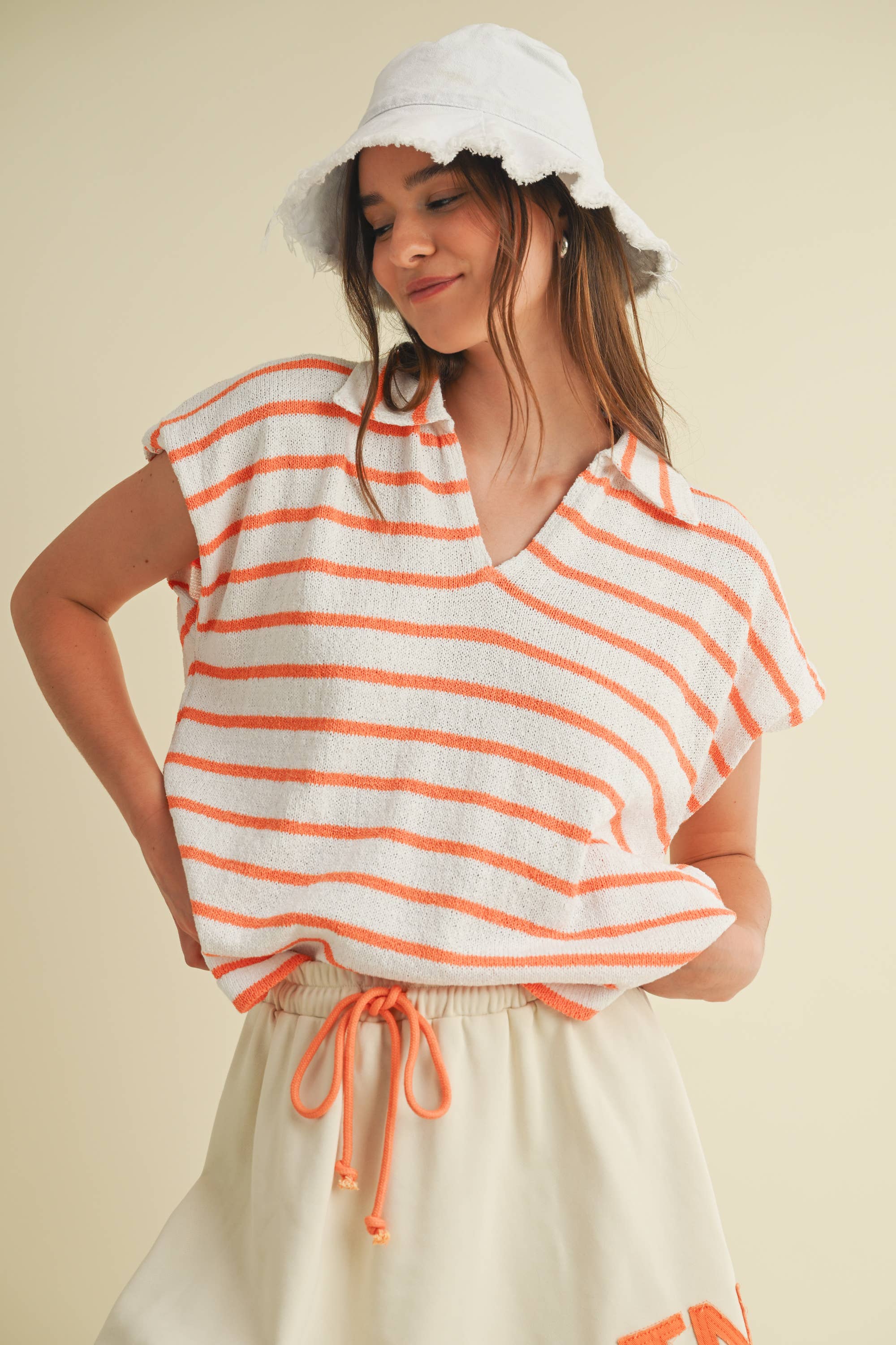 STRIPED COLLARED V NECK TOP