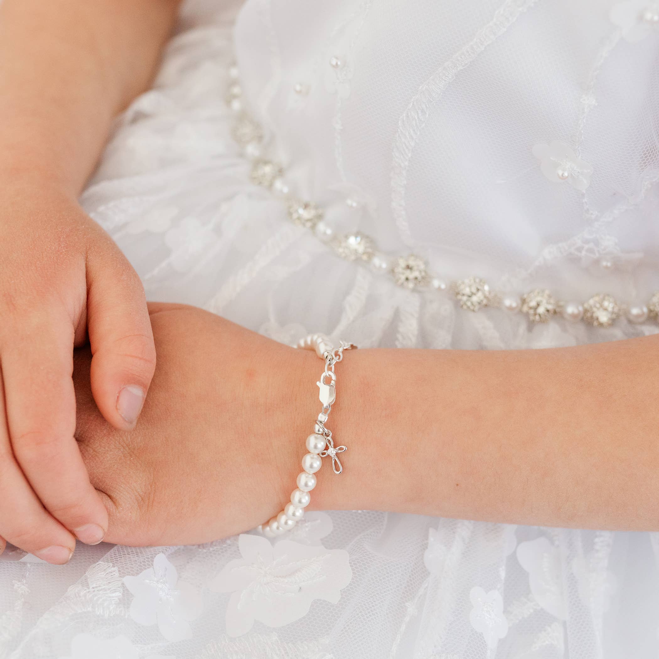 Girls Silver Pearl Lacey Baby Baptism Bracelet, 1st Communion Gift