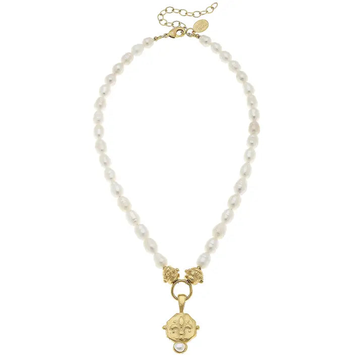 Handcast Fleur De Lis Intaglio with Pearl On Genuine Freshwater Pearl Necklace