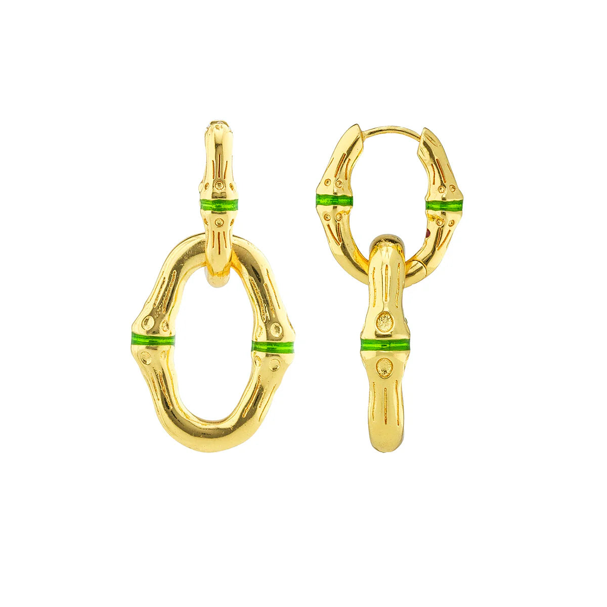 Bangkok Bamboo Link Earrings - Gold/Green Enamel