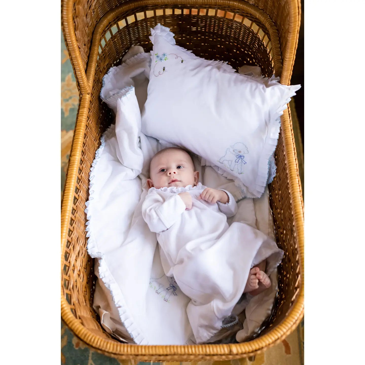 Lenora | Hand Embroidered Lamb & Bee Batiste Baby Pillow