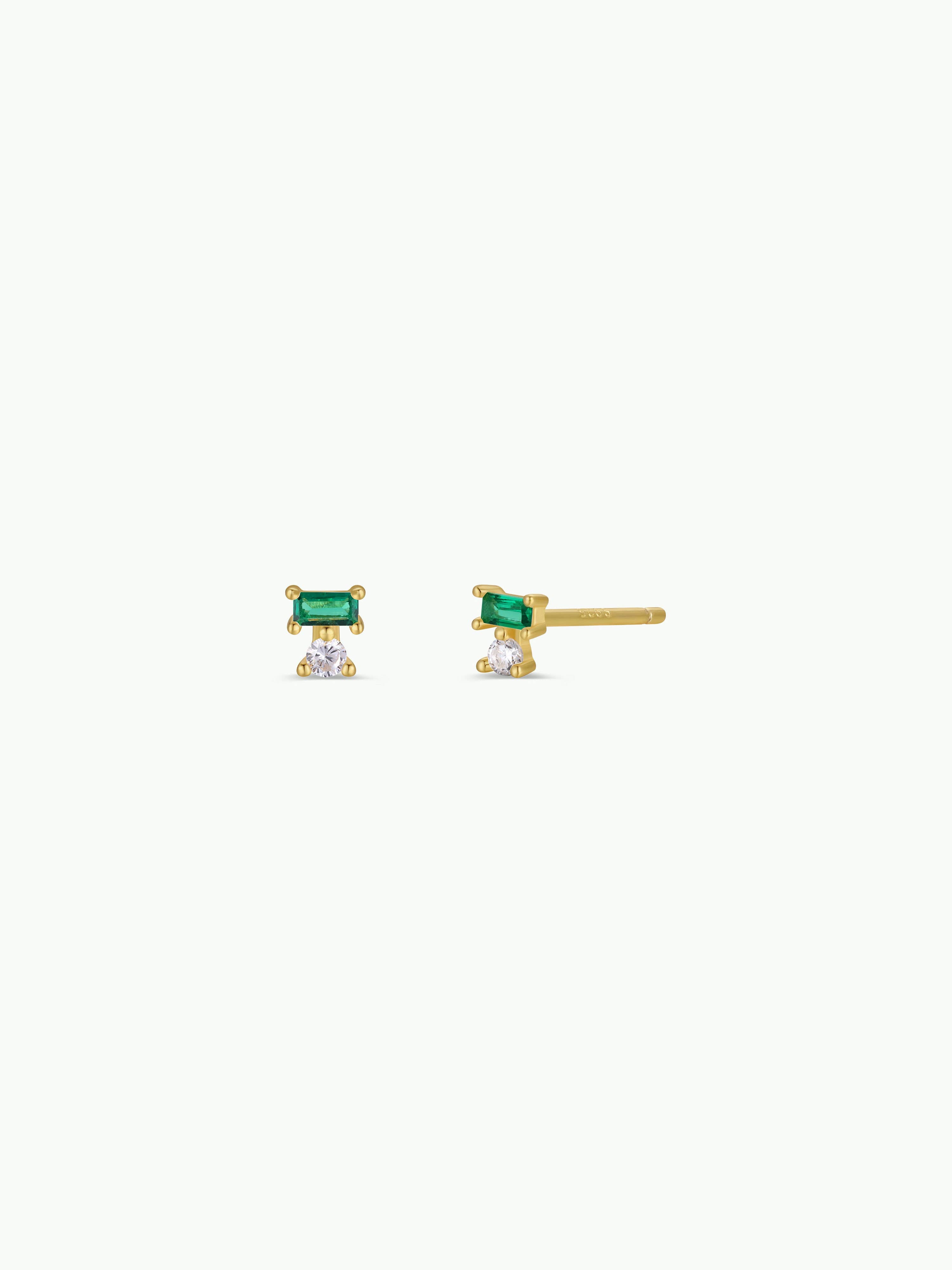 Double Stud Stack - Emerald - Gold Earrings