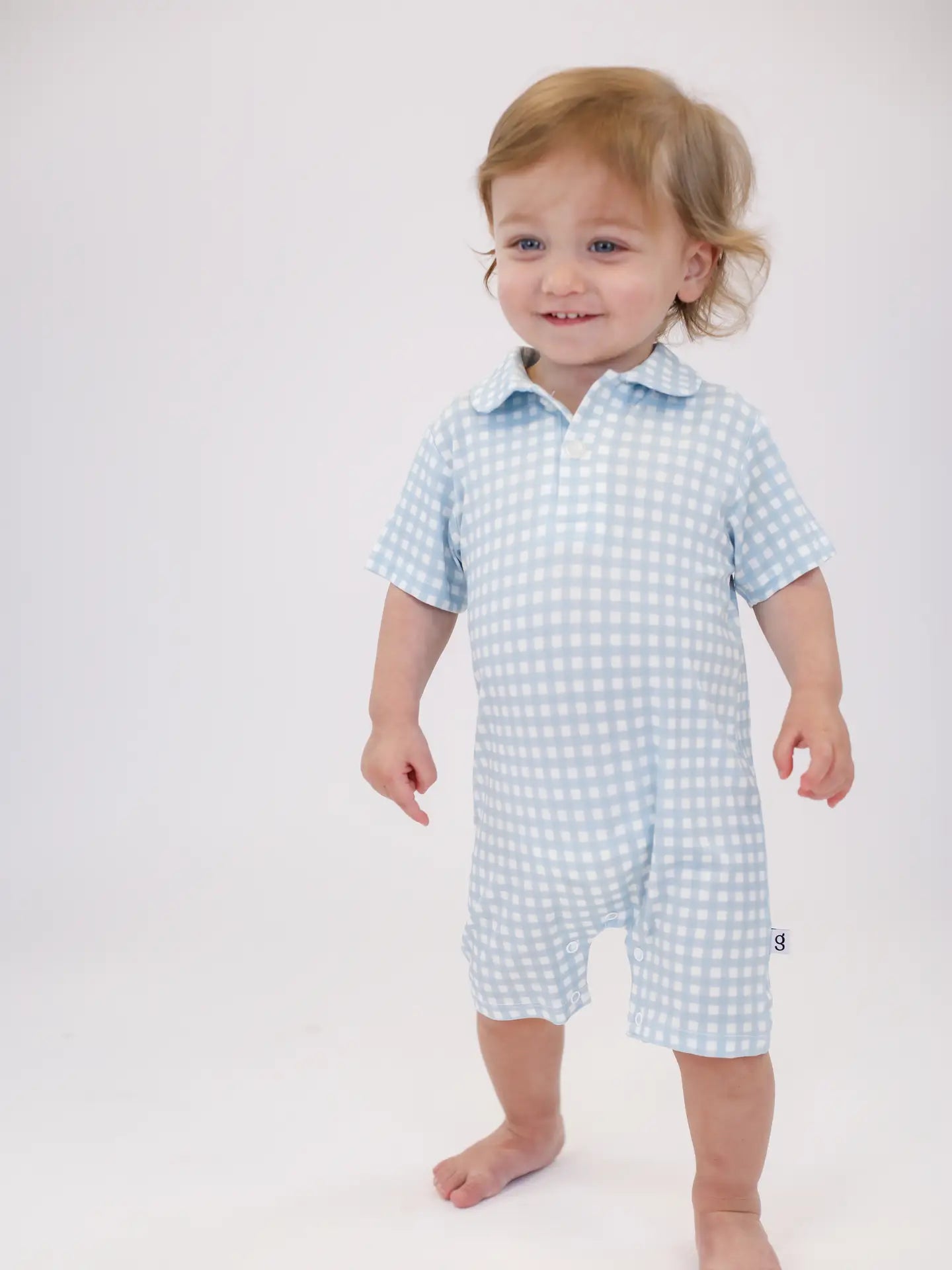 Blue Cottage Gingham Short Sleeve Polo Romper