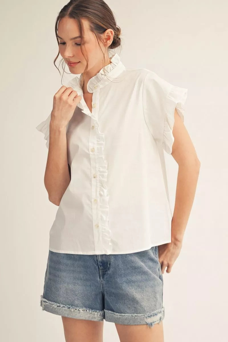 Haley White Ruffle Button Up Top