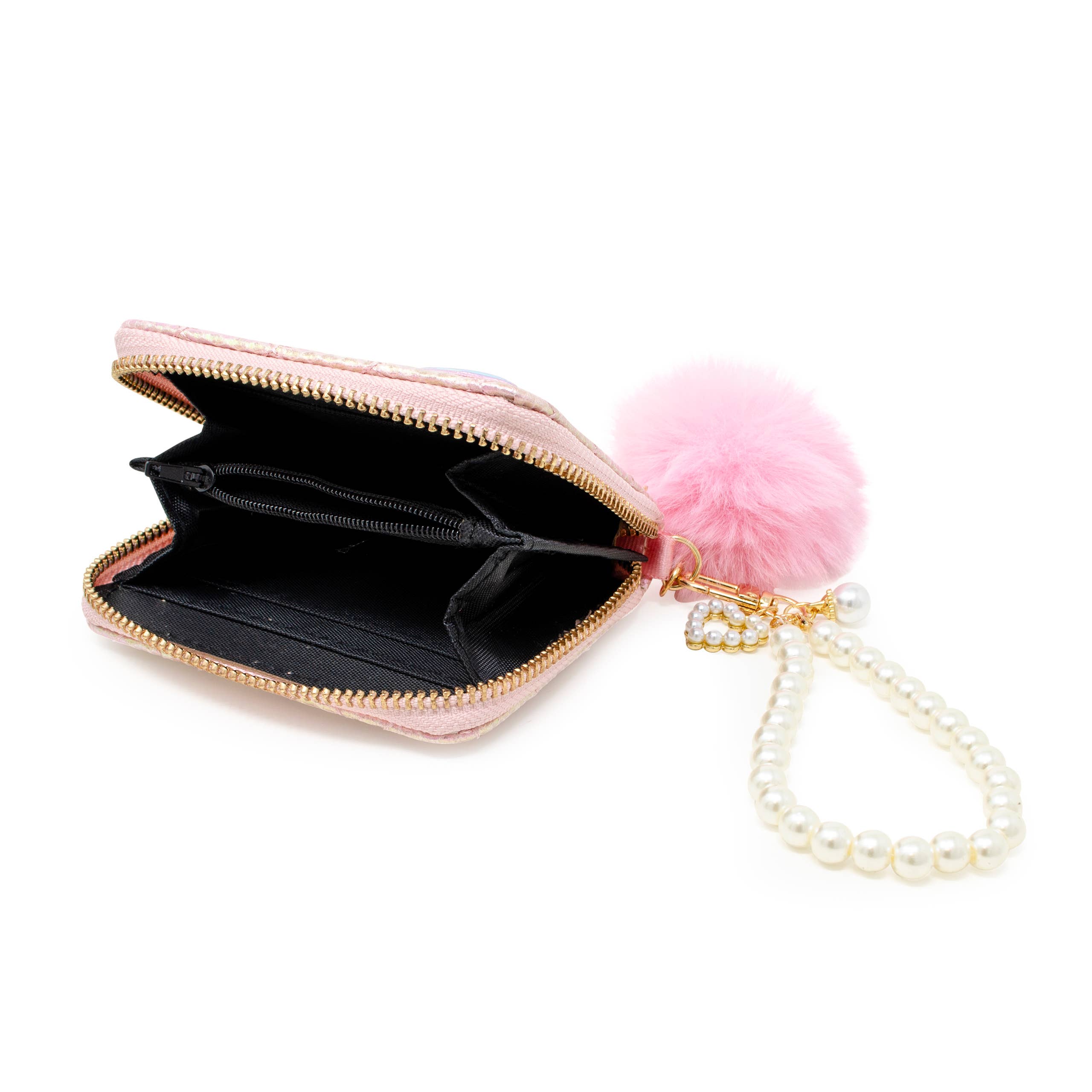 Mermaid Tail Pearl Strap Quilted Wallet with Pom-Pom