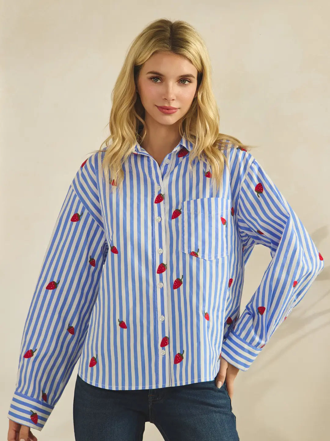 Strawberry Stripe Button Down Blouse