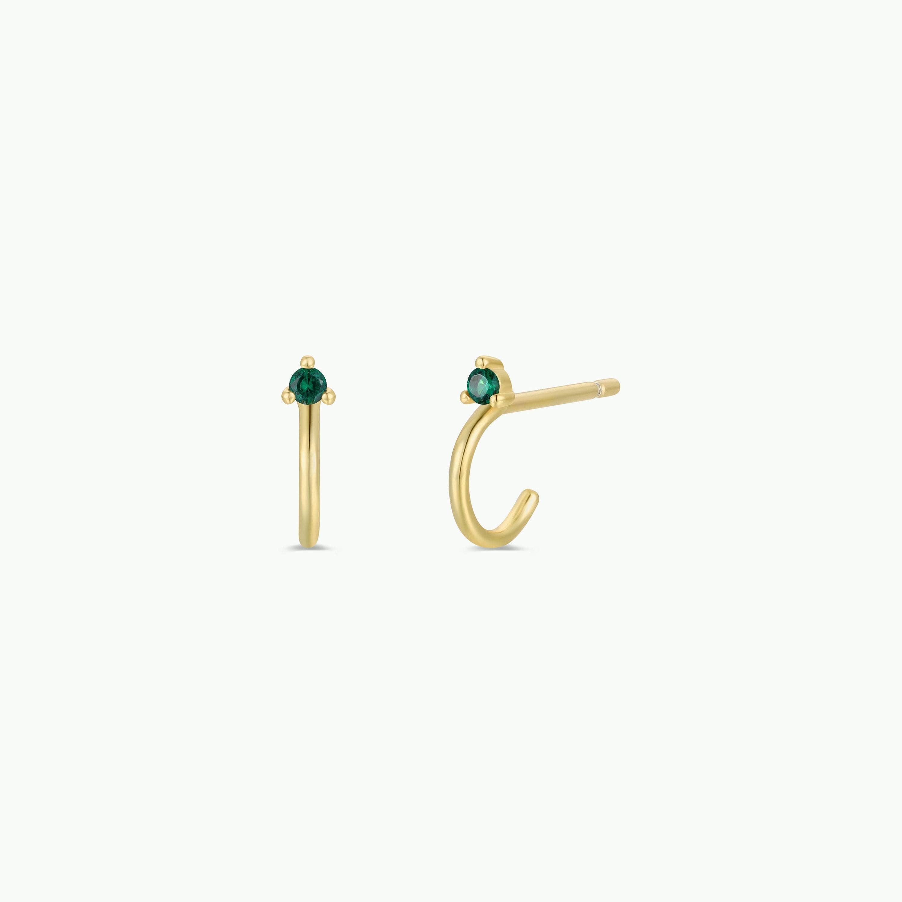 Open Mini Hoop Earrings - 18k Gold - Green Emerald