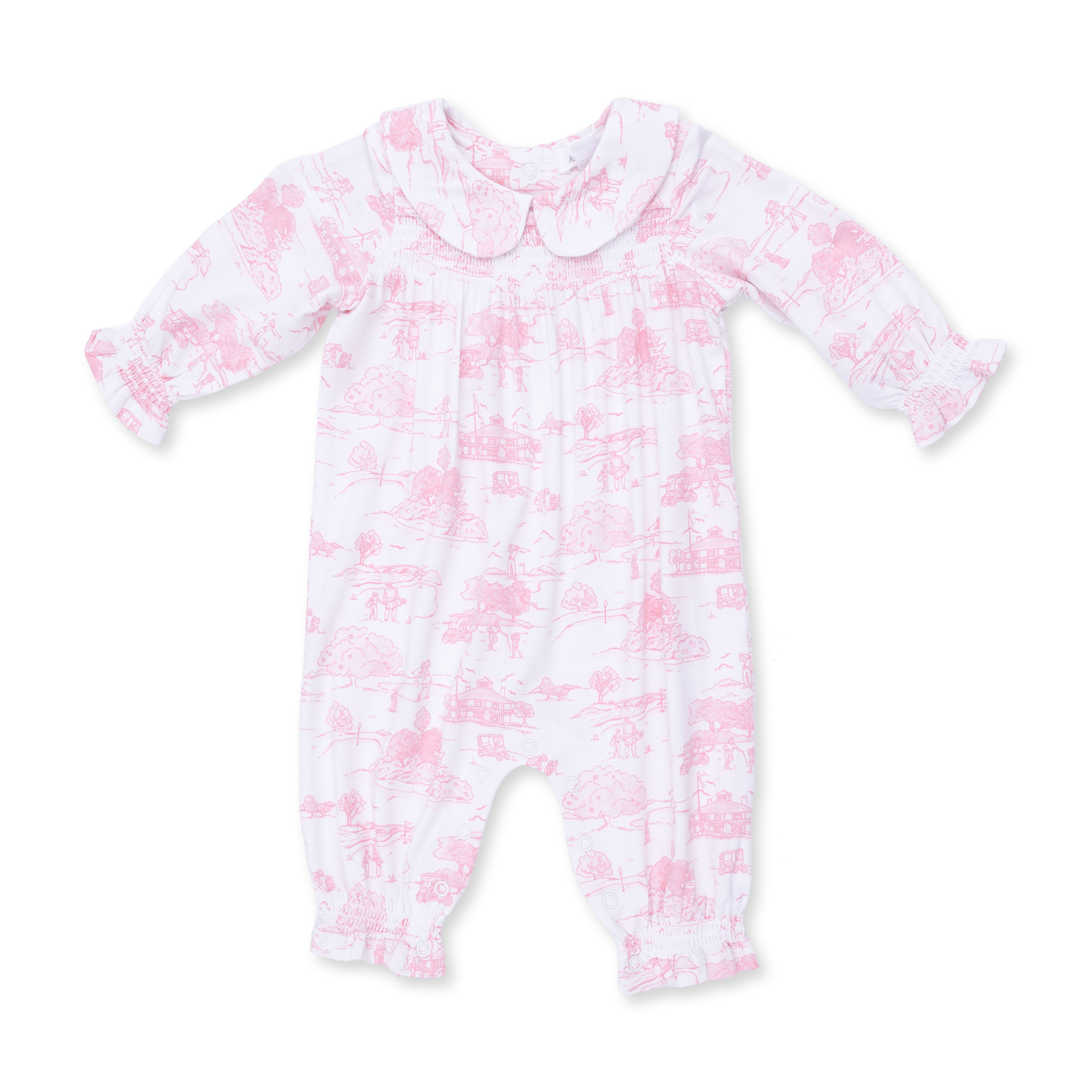 Angel Dear | Golf Toile Pink Smocked Long Sleeve Romper