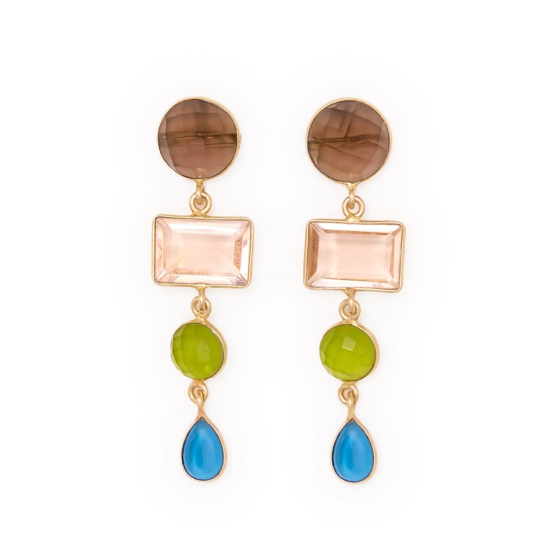 Natalie Dangle Glass + Smoky Quartz Stone Earrings Brass