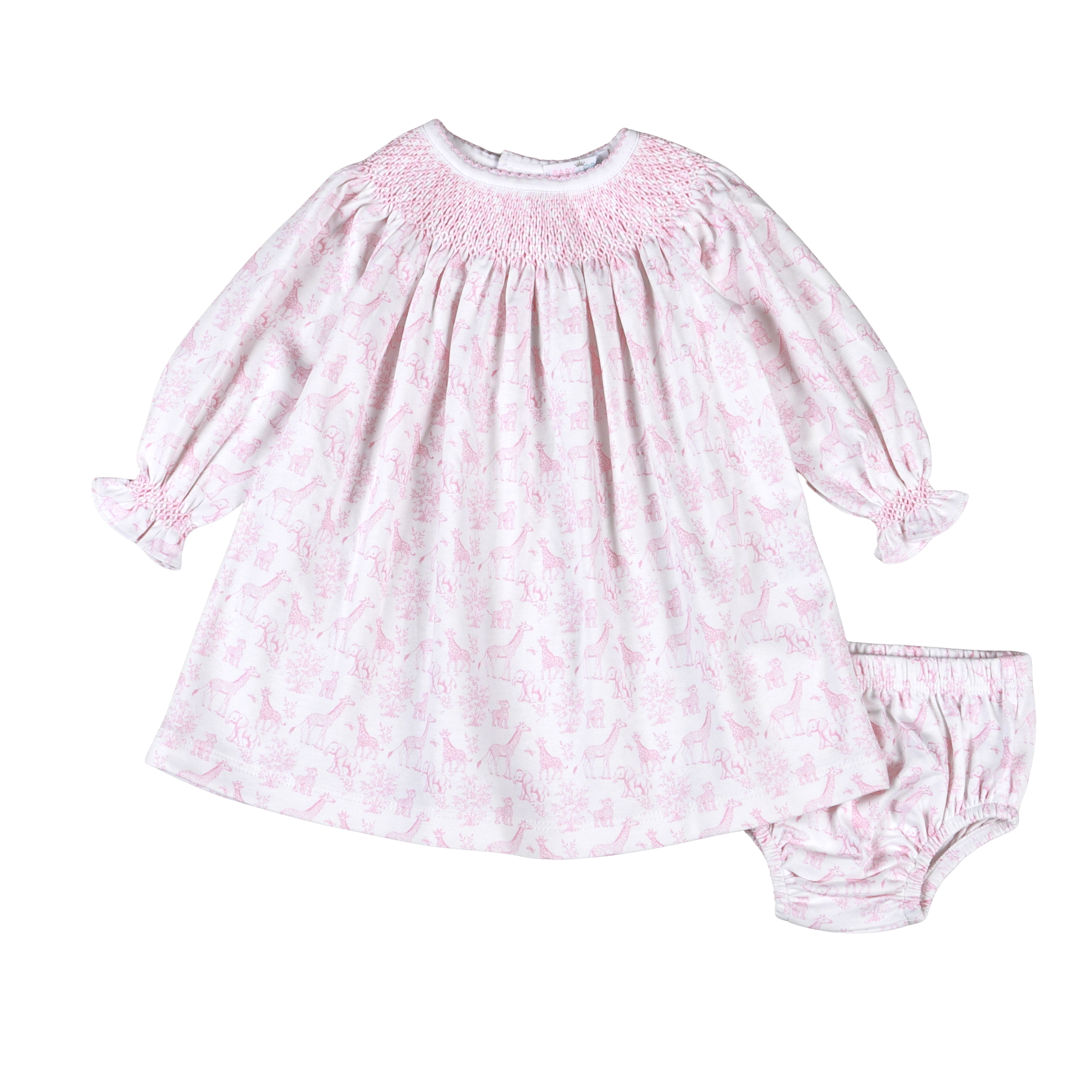 Pink Baby Safari Hand Smock Bishop Dress