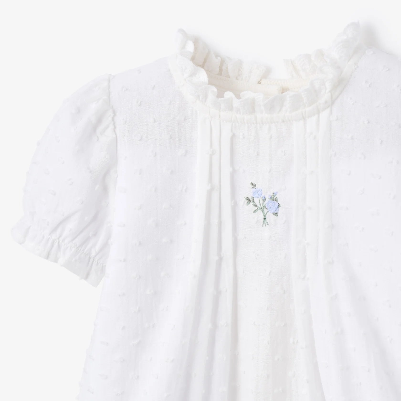 Swiss Dot Pintucked Bubble with Rose Embroidery