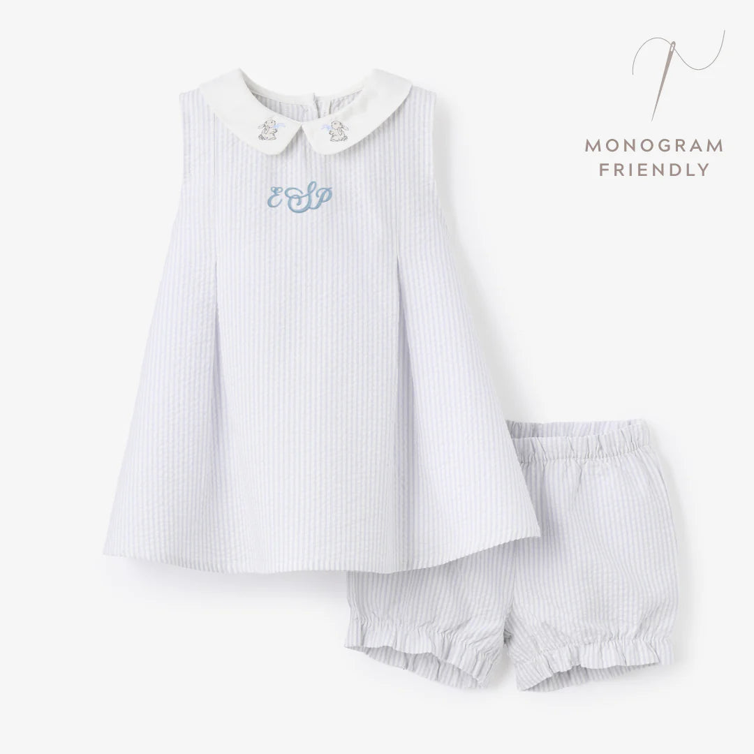 Blue Seersucker Embroidered Bunny Dress