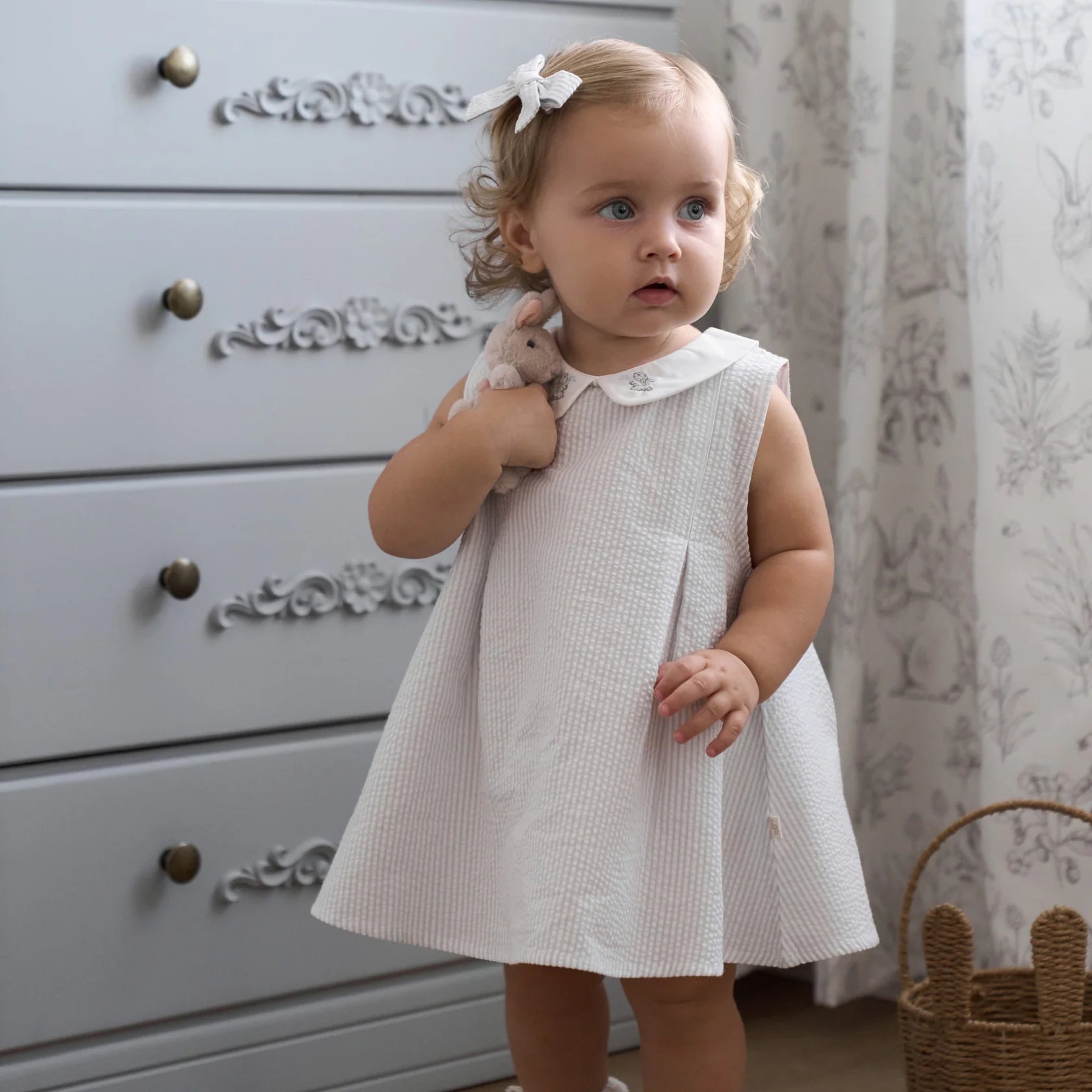 Blue Seersucker Embroidered Bunny Dress