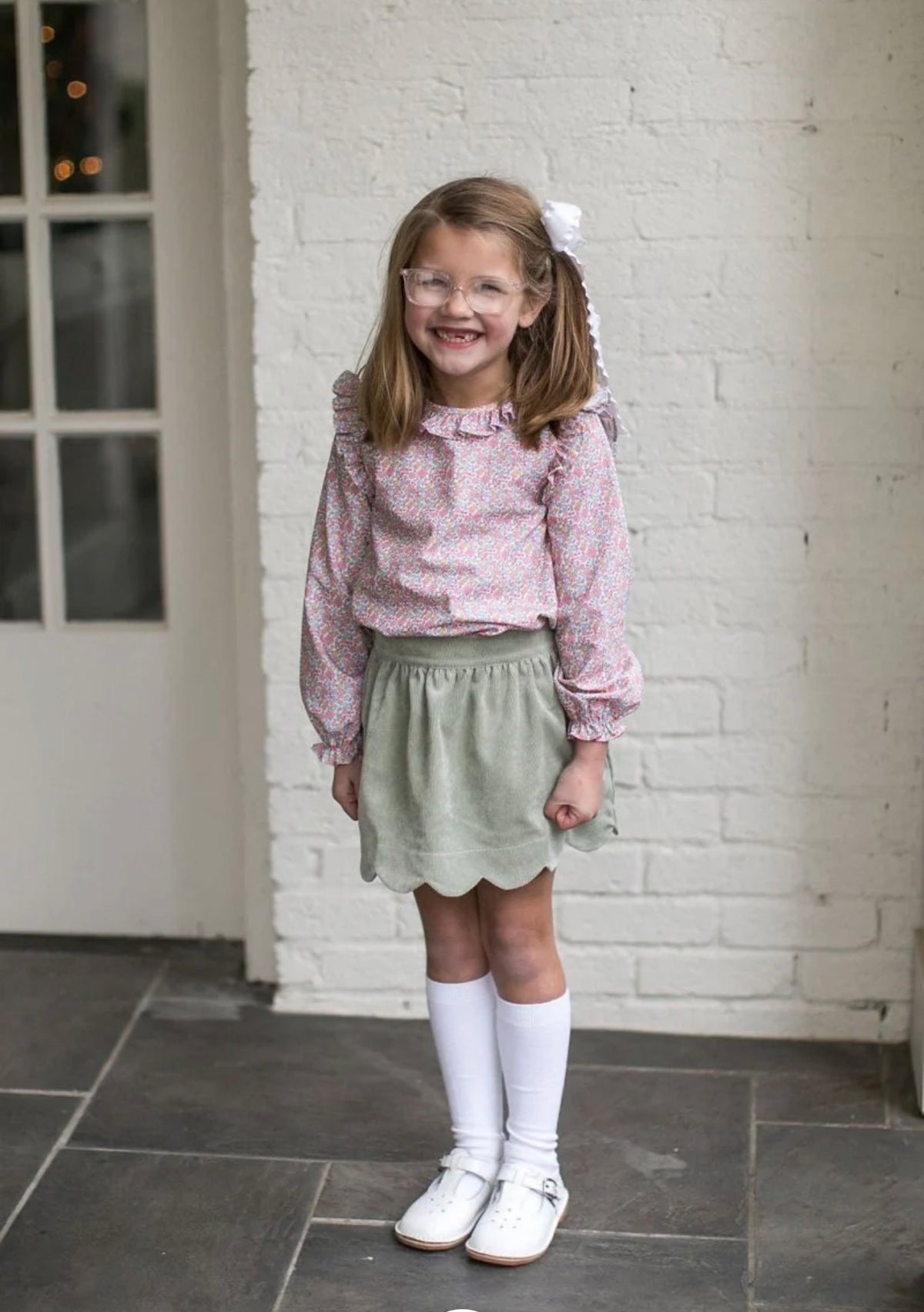 Evelyn Blouse Long Sleeve - Autumn Garden & Sawgrass Green Corduroy Skirt Set