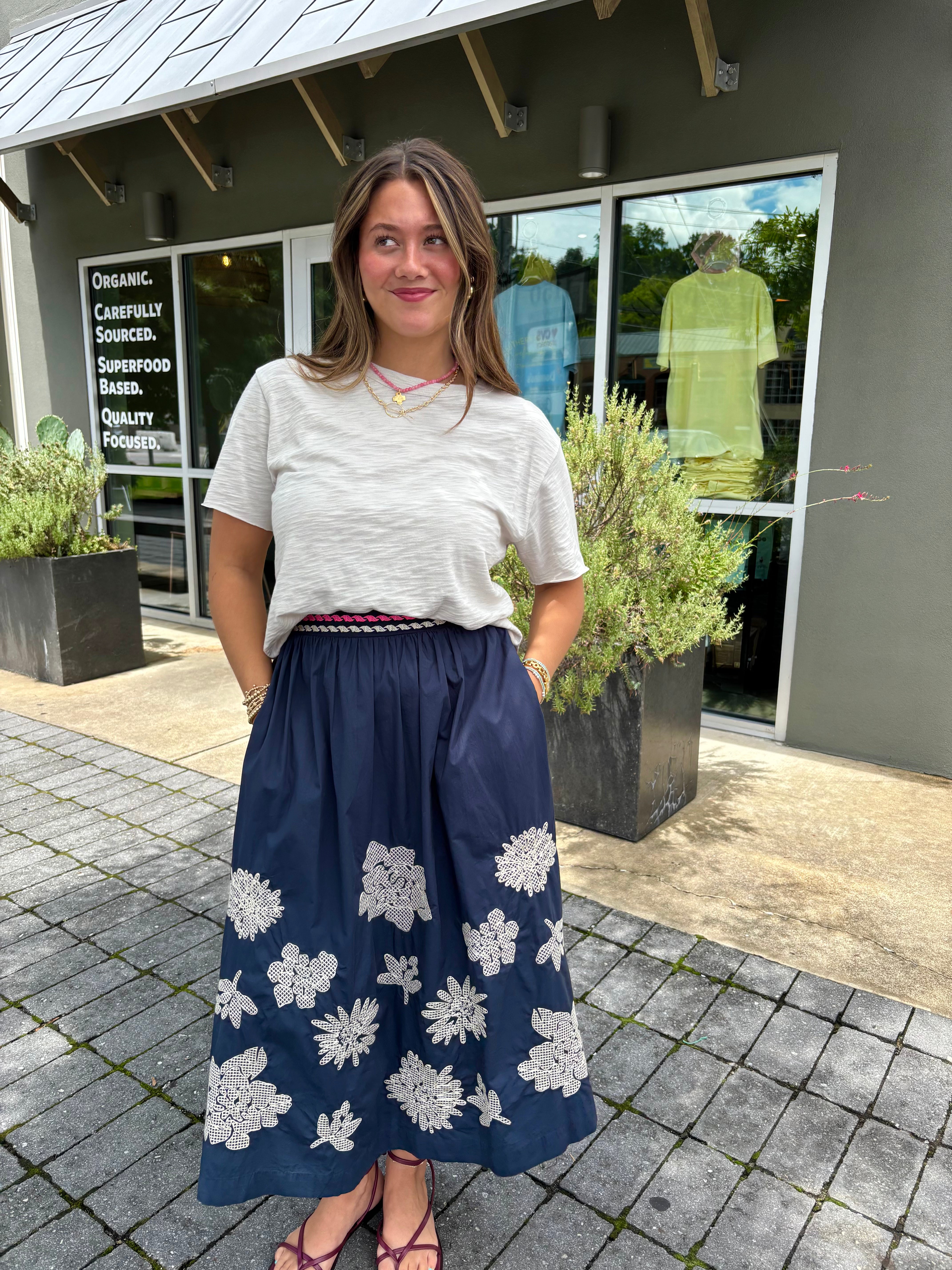 Michelle Embroidered Navy Maxi Skirt