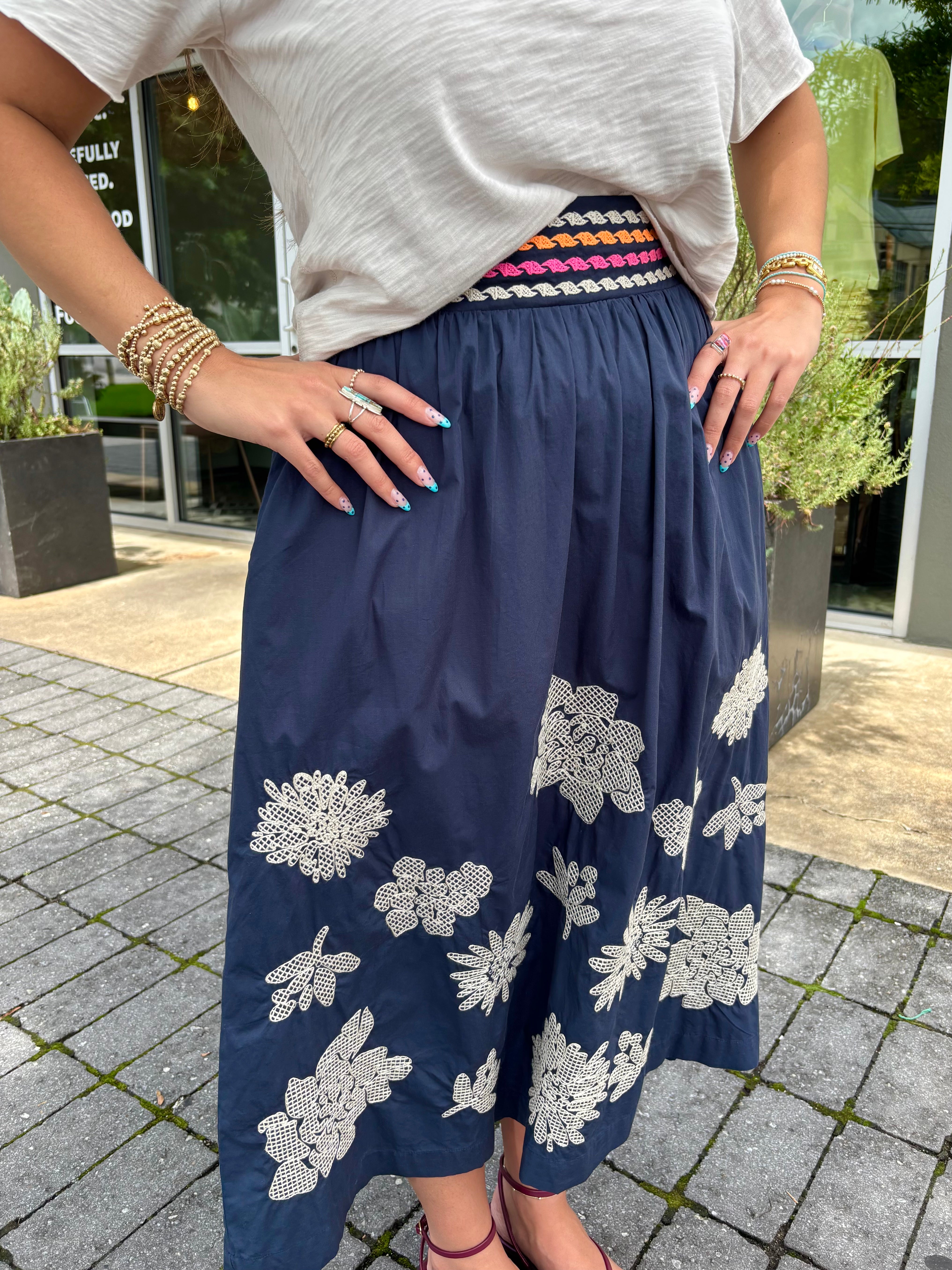 Michelle Embroidered Navy Maxi Skirt