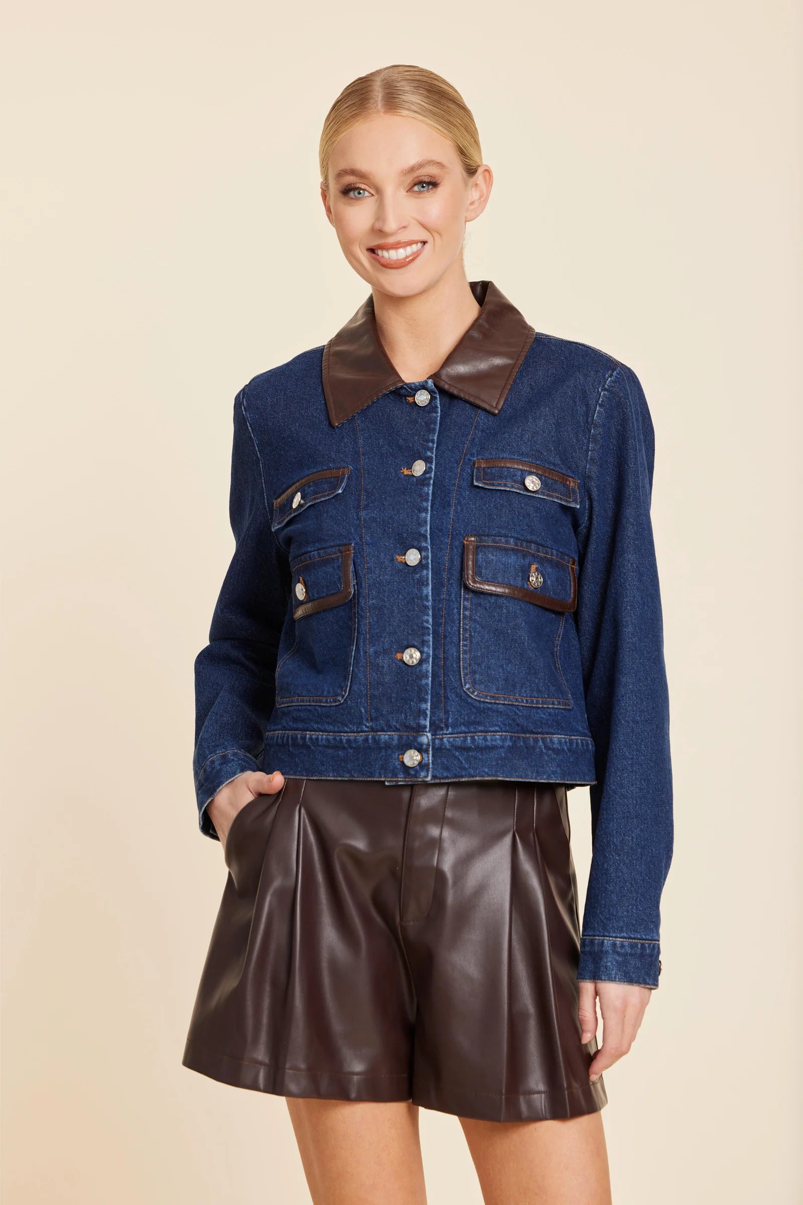 Lindsay Faux Leather Trim Denim Jacket