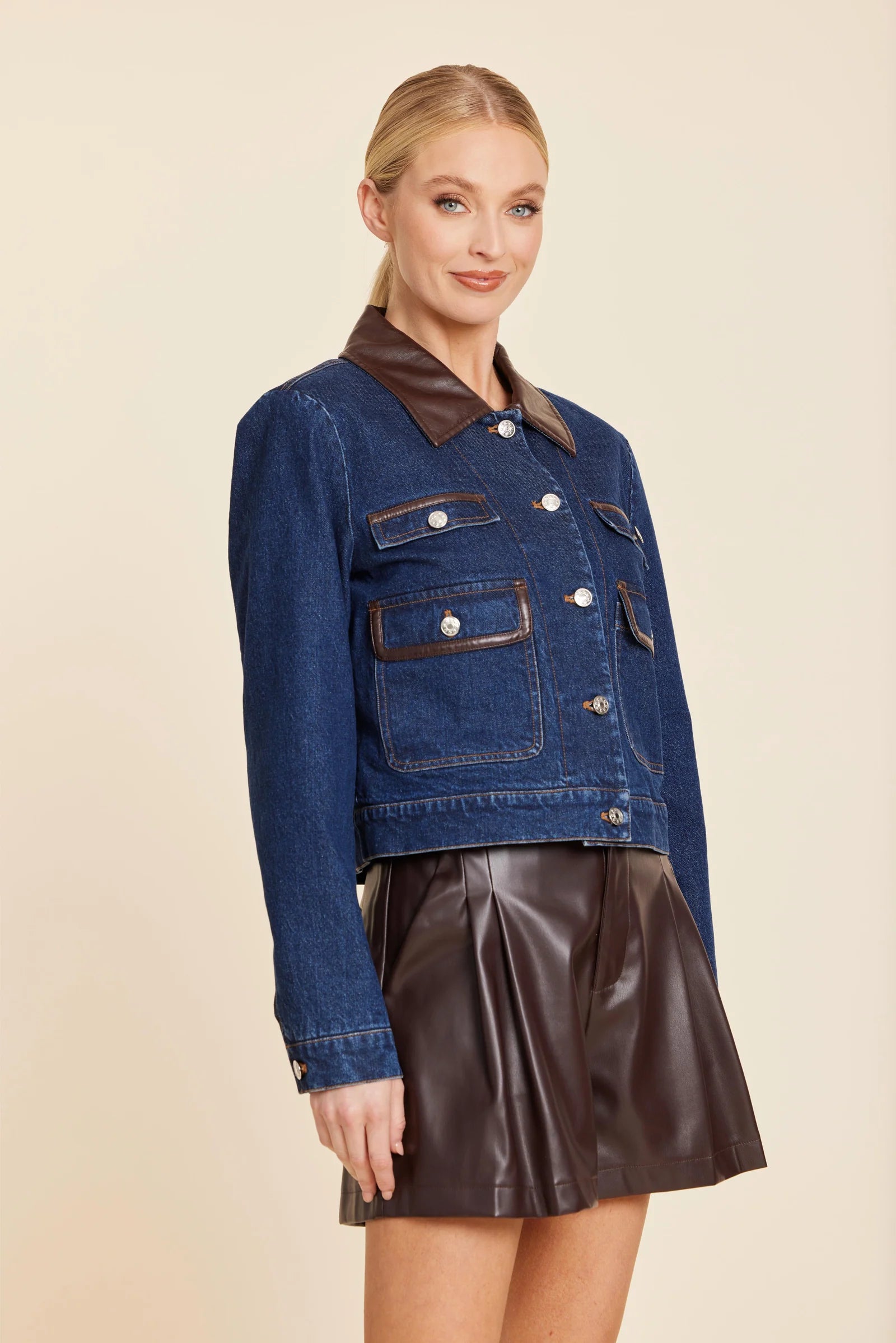 Lindsay Faux Leather Trim Denim Jacket