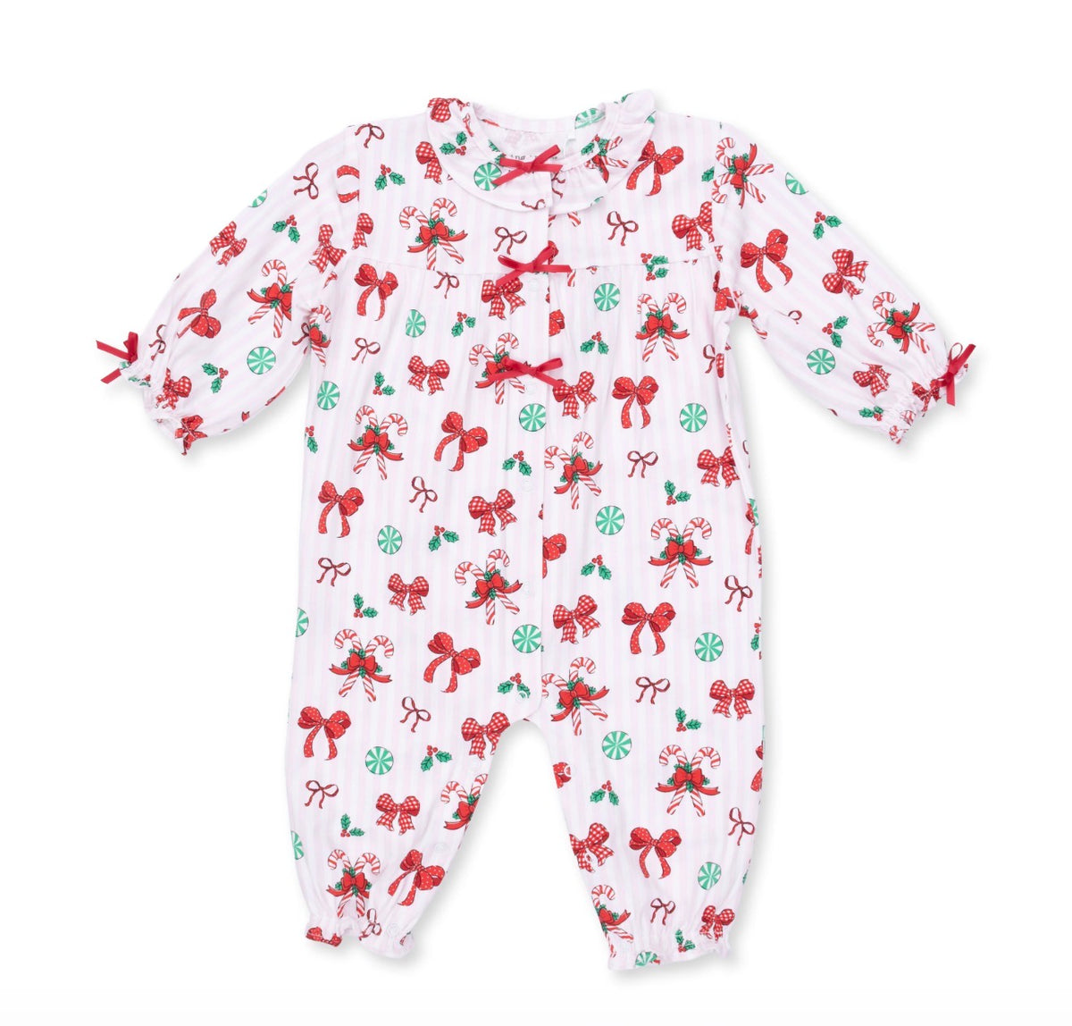 Bows & Candy Canes Long Sleeve Ruffle Collar Romper