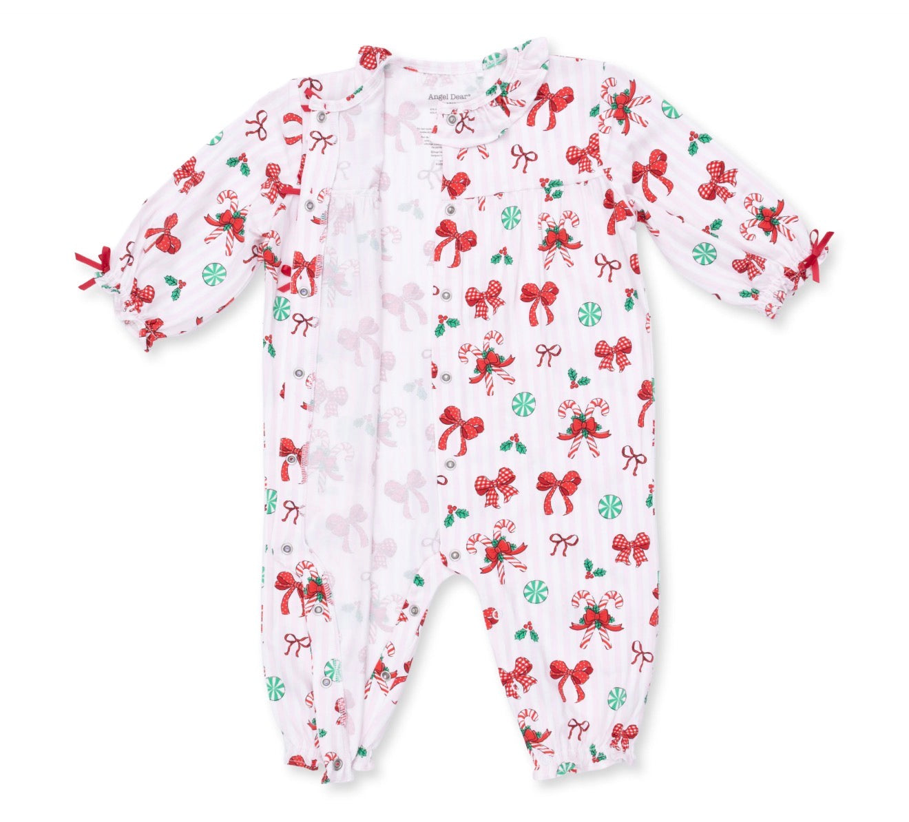 Bows & Candy Canes Long Sleeve Ruffle Collar Romper