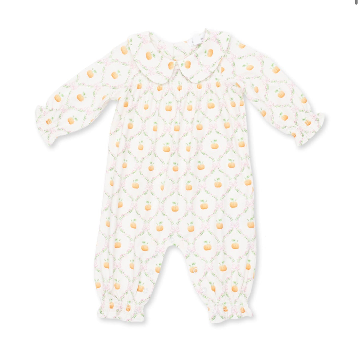 Pretty Pumpkin Trellis Smocked Long Sleeve Romper