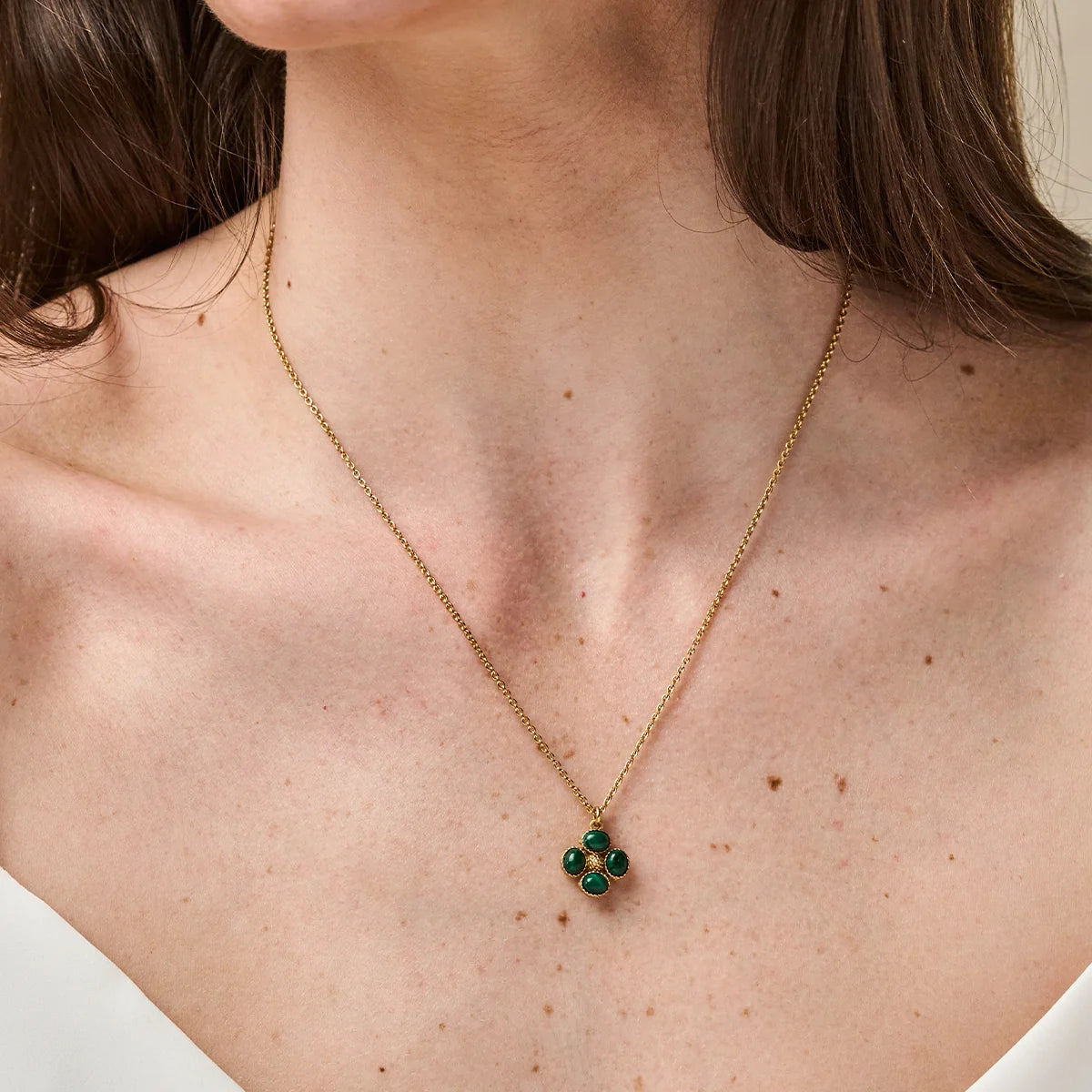 Berry Clover Double Sided Charm Necklace - Malachite