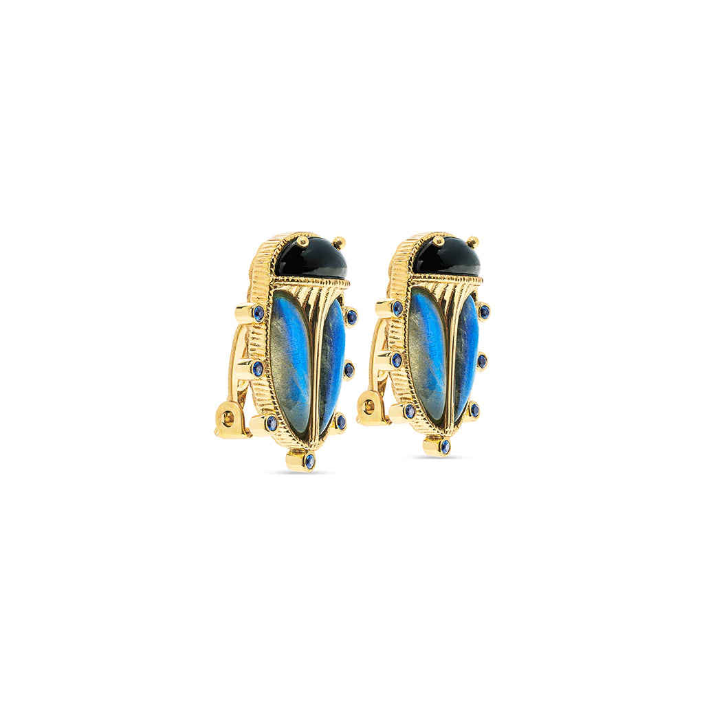 Capucine De Wulf | Scarab Clip Earrings in Blue Labradorite/Black Agate
