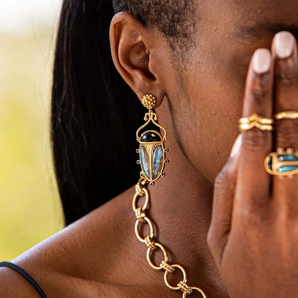 Capucine De Wulf | Scarab Berry Drop Earrings in Blue Labradorite/Black Agate