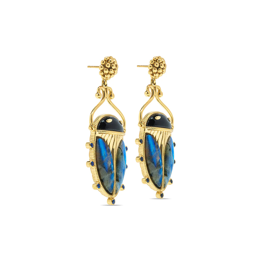Capucine De Wulf | Scarab Berry Drop Earrings in Blue Labradorite/Black Agate