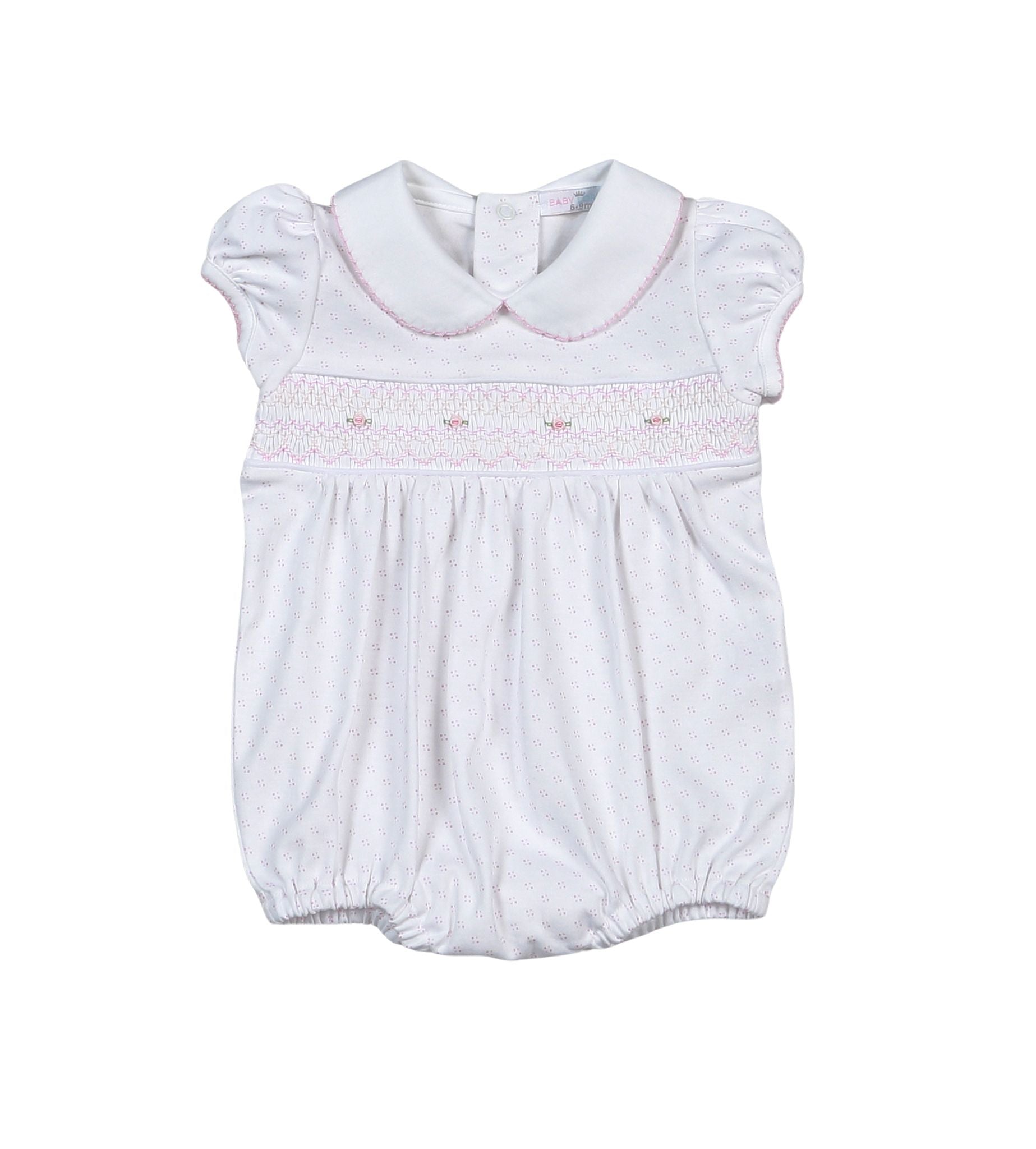 Baby Loren | Sally Pink Dots Hand Smocked Pima Short Sleeves Bubble